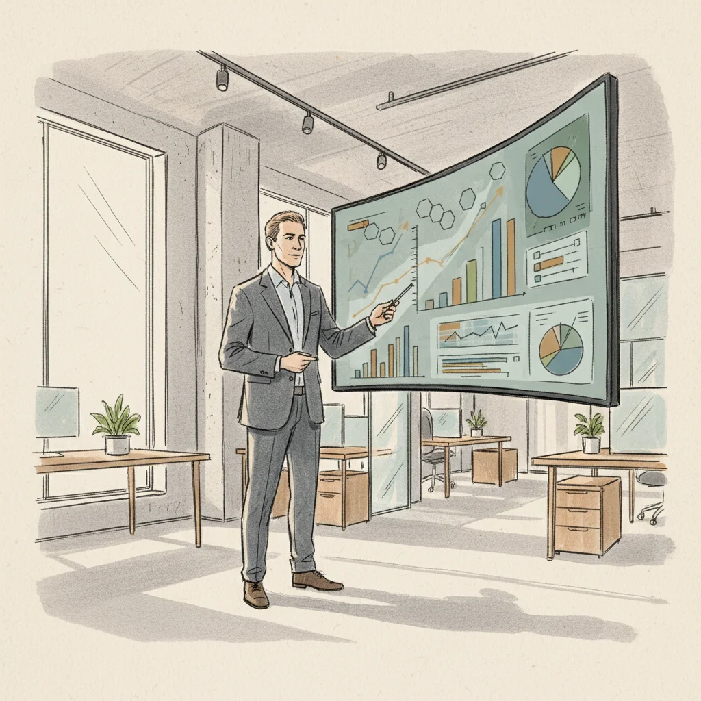 corporate real estate leader reviewing hybrid workplace guide space utilization data on dashboard