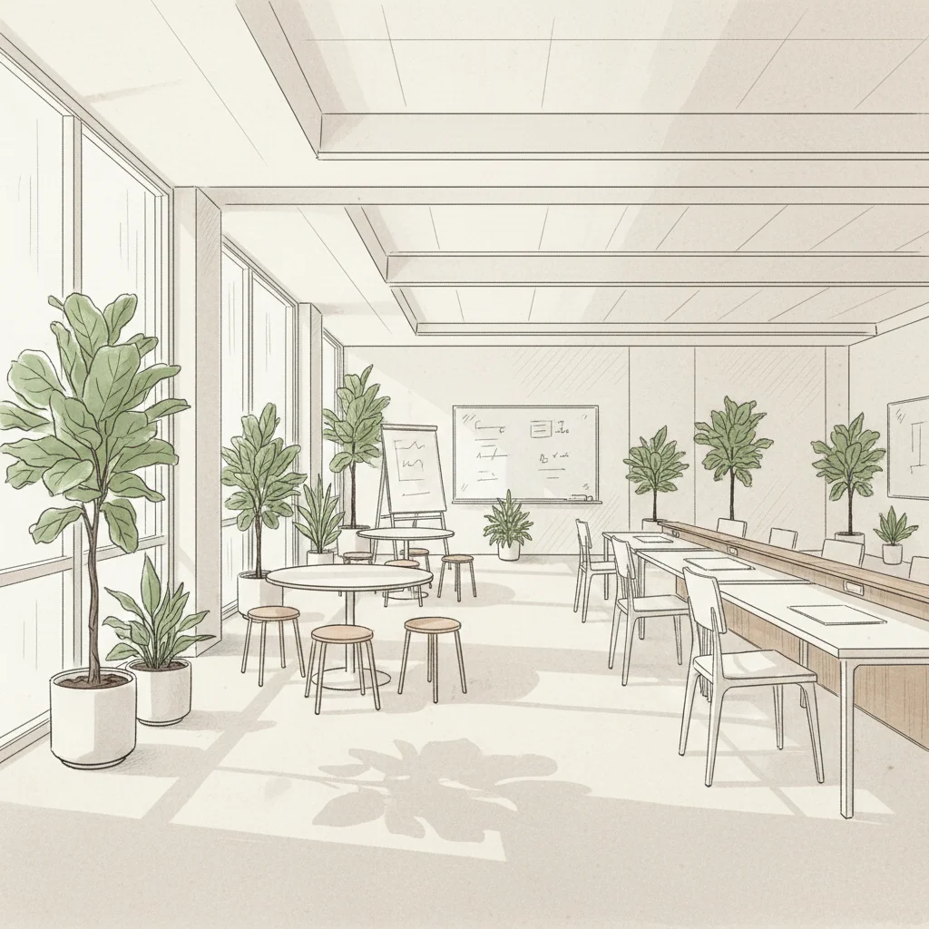 modern hybrid office space showing optimized desk layout as part of a strategy to reduce office costs