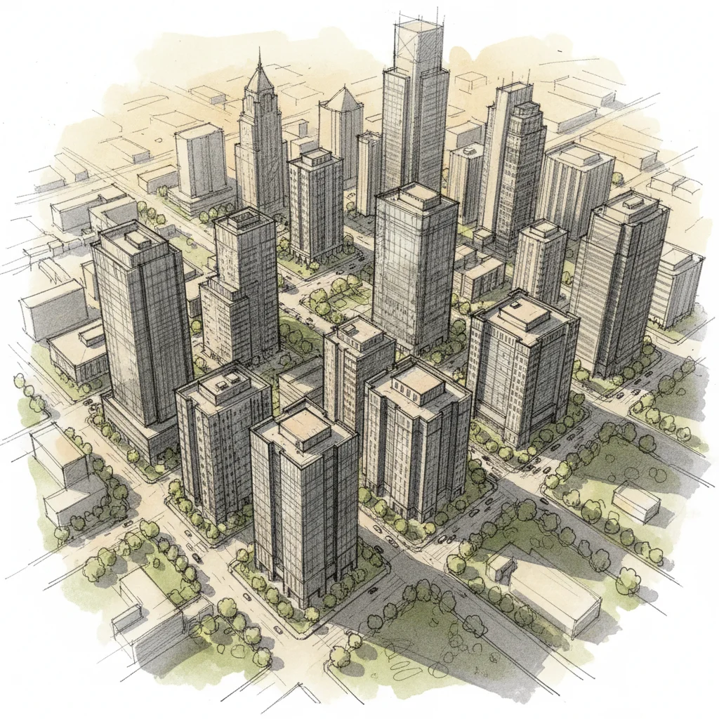 corporate office rental market overview showing urban business district with modern office buildings
