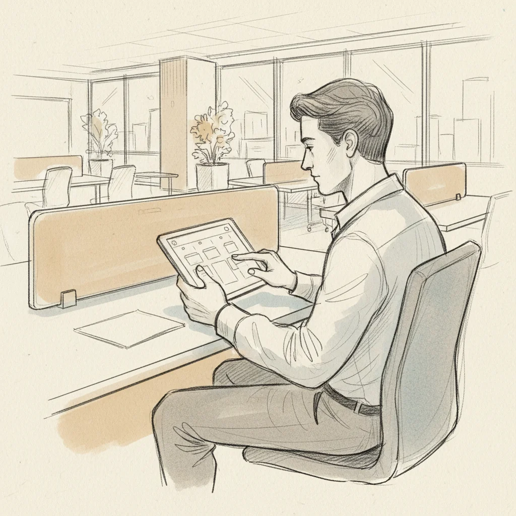employee using desk booking software as part of corporate office solutions in a hybrid workplace