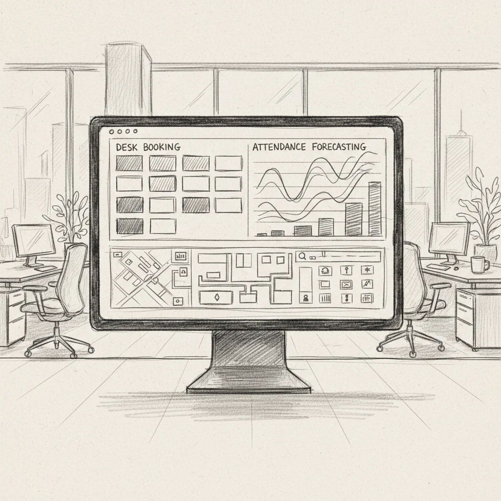 hybrid work office space management technology dashboard showing desk booking and attendance forecasting
