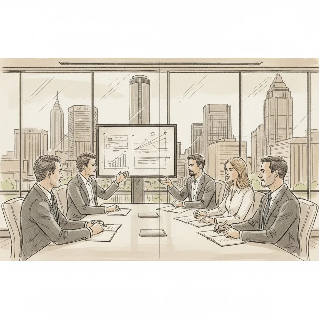 Corporate team meeting in a modern Atlanta office space conference room with city views