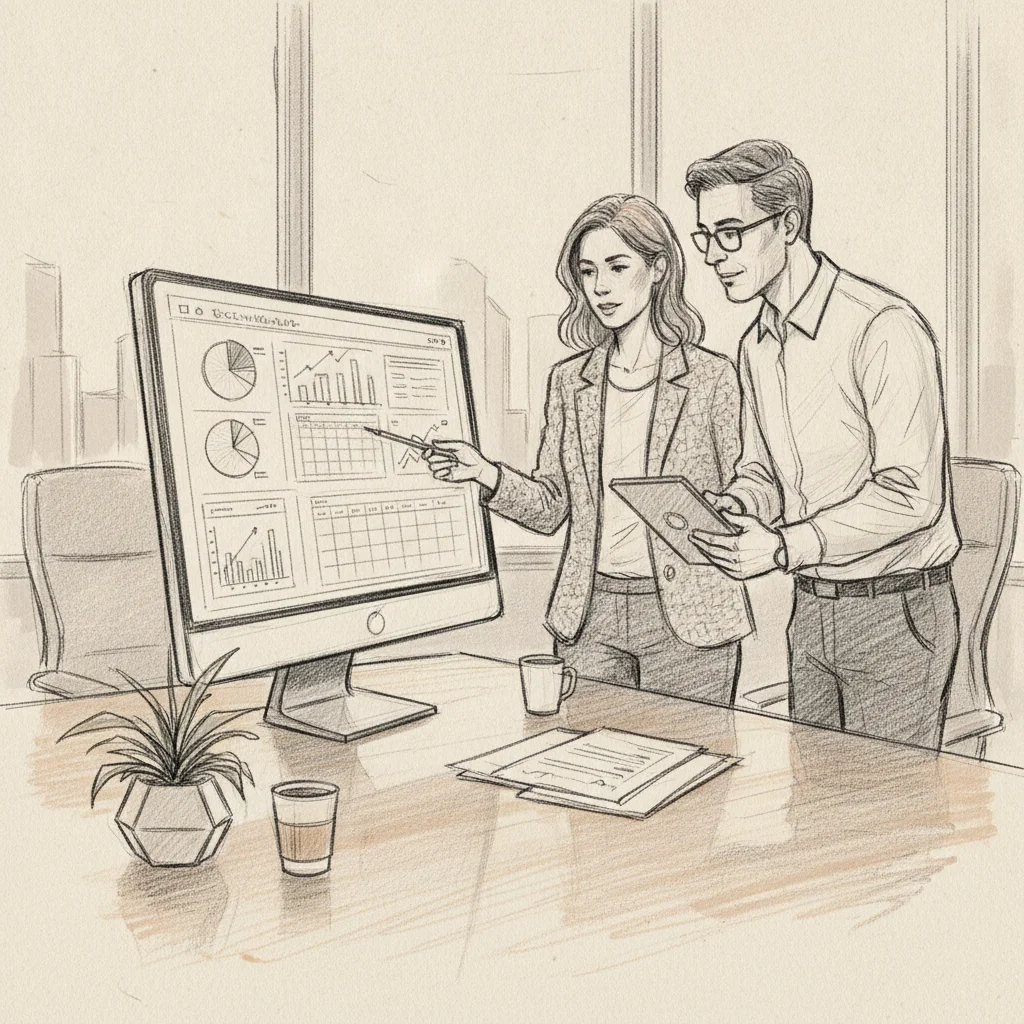 HR and real estate leaders reviewing workplace scheduling software dashboard together