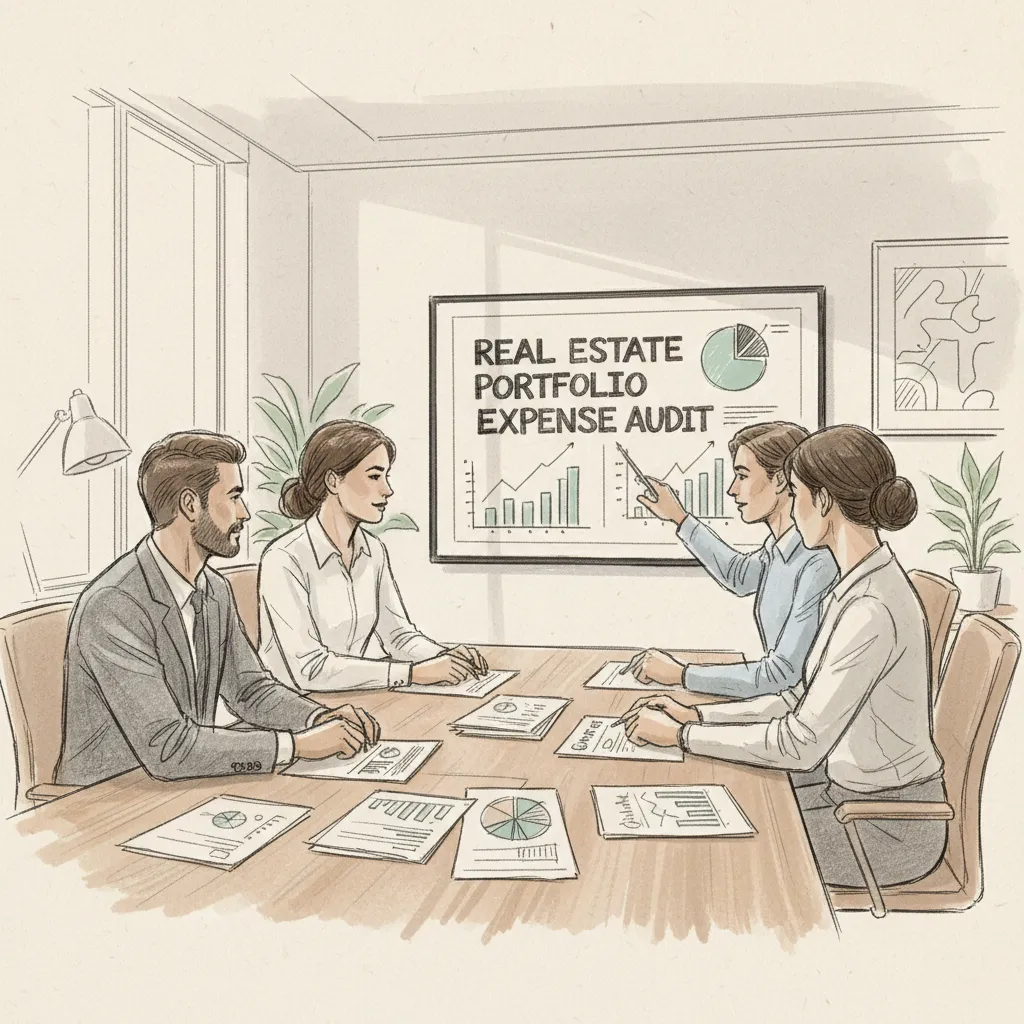 real estate expense management audit process with finance team reviewing portfolio data