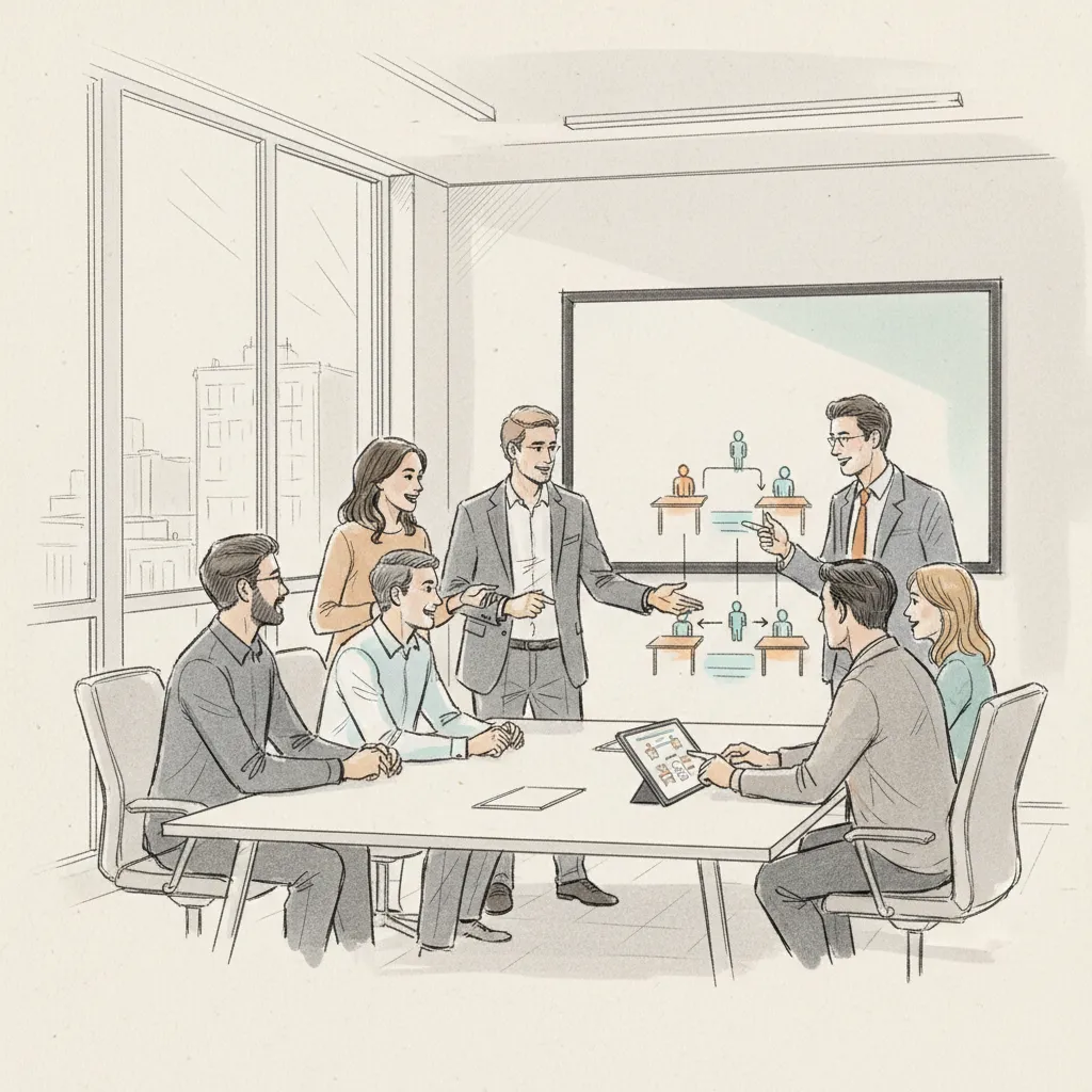 hybrid work team collaborating in office enabled by desk sharing software coordination