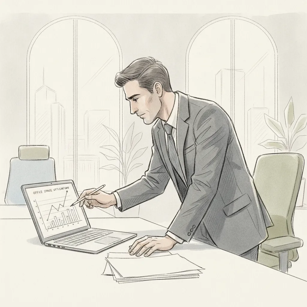 corporate real estate leader analyzing office space utilization data on laptop