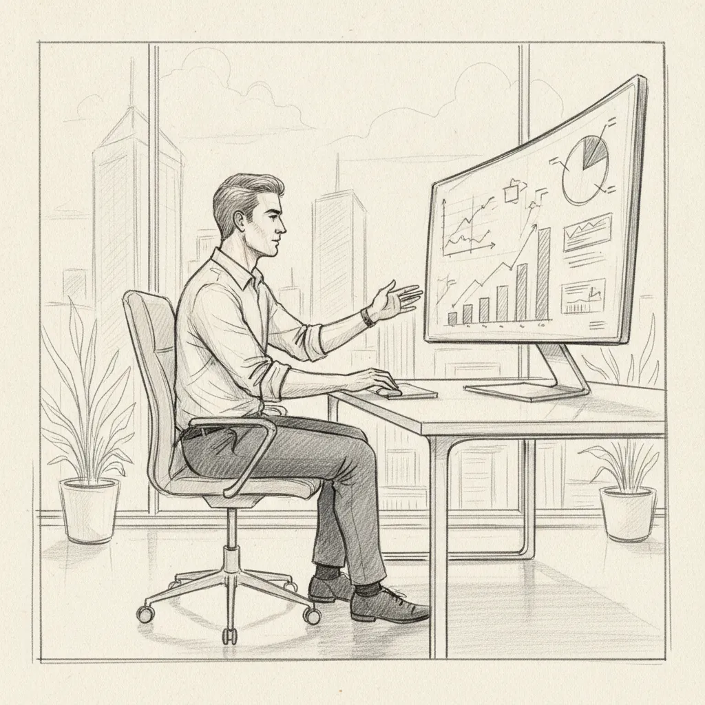 Corporate real estate leader analyzing workspace solutions data on a monitor