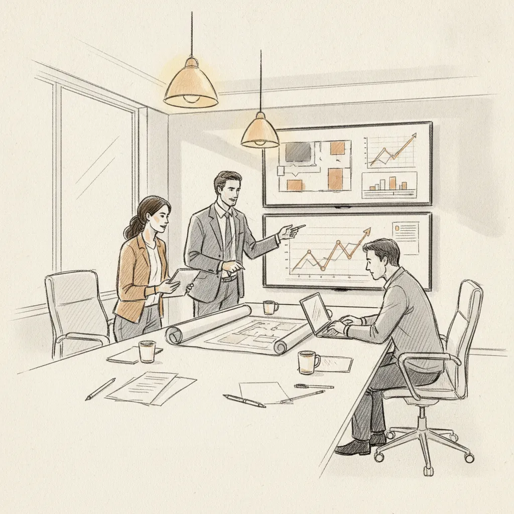 Corporate real estate team conducting office capacity planning analysis using data dashboards and floor plans