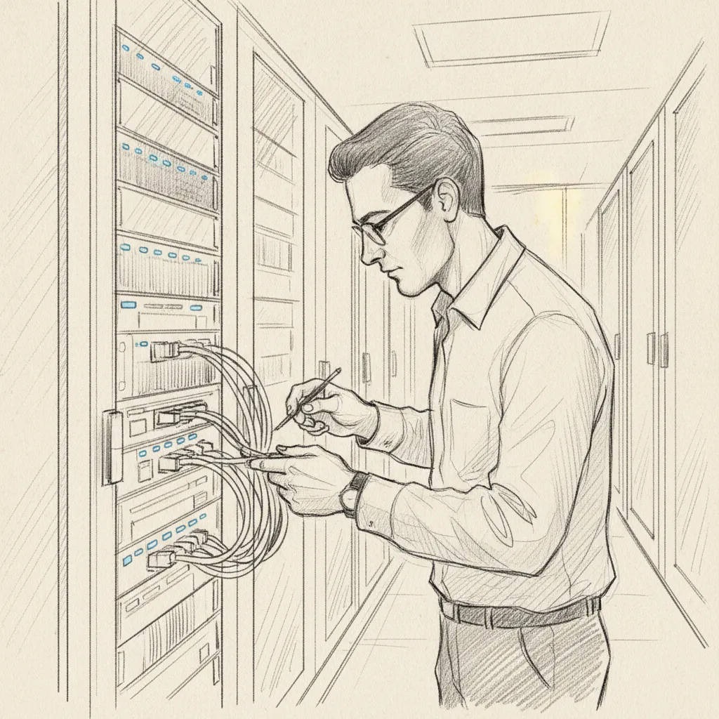 IT professional configuring office network solutions in enterprise server room