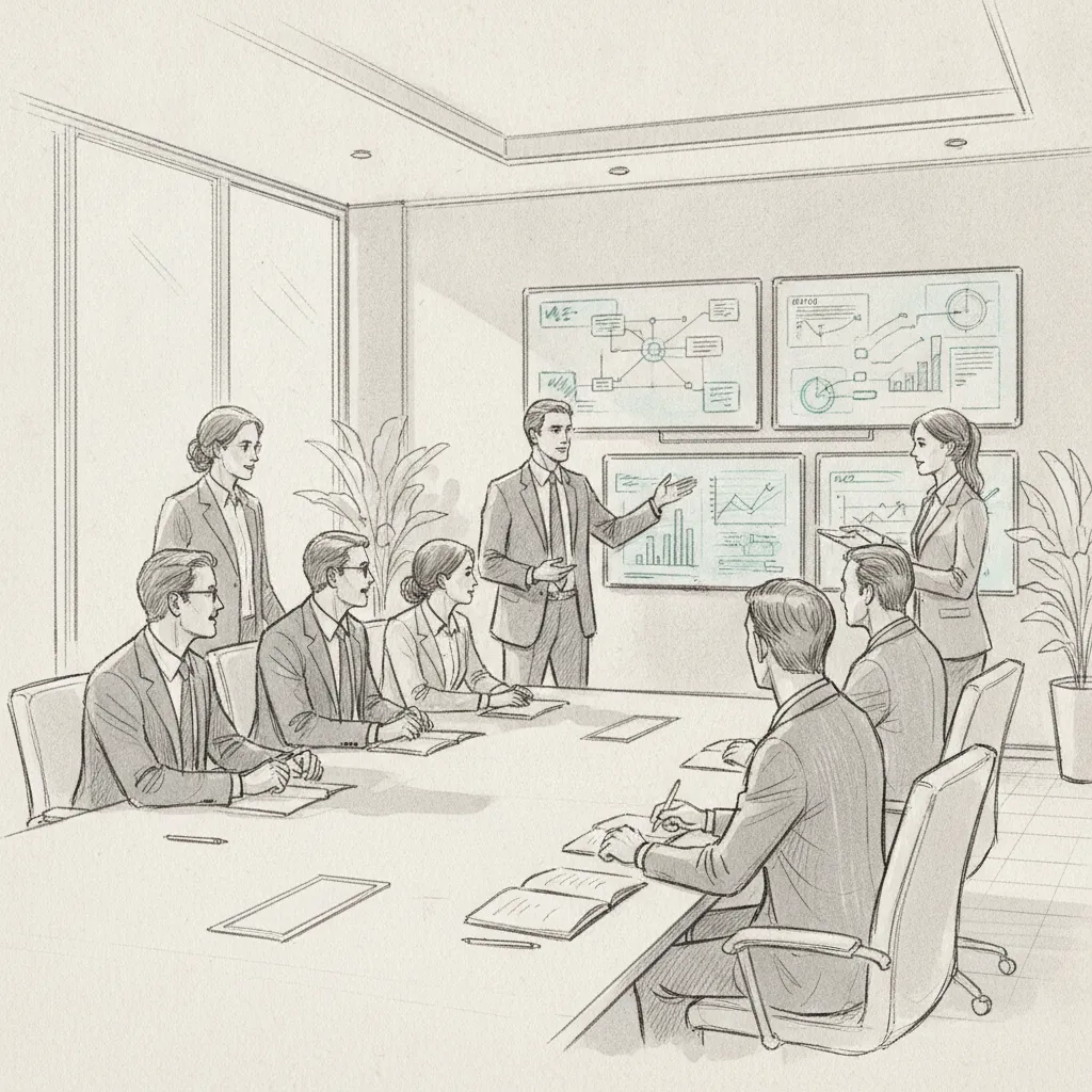 Enterprise leaders reviewing office network solutions performance and workplace data dashboards
