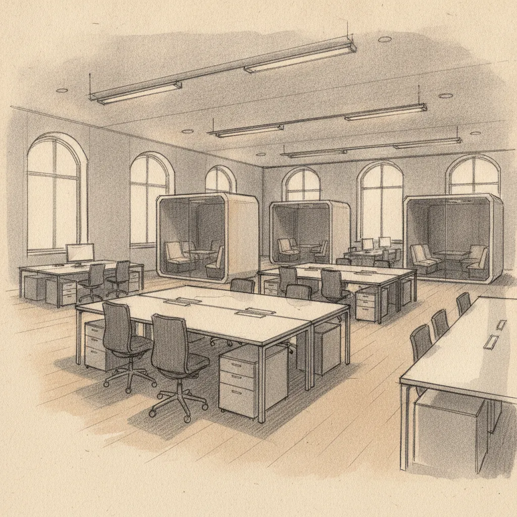 interior corporate office space near me showing hybrid workspace with desk booking stations