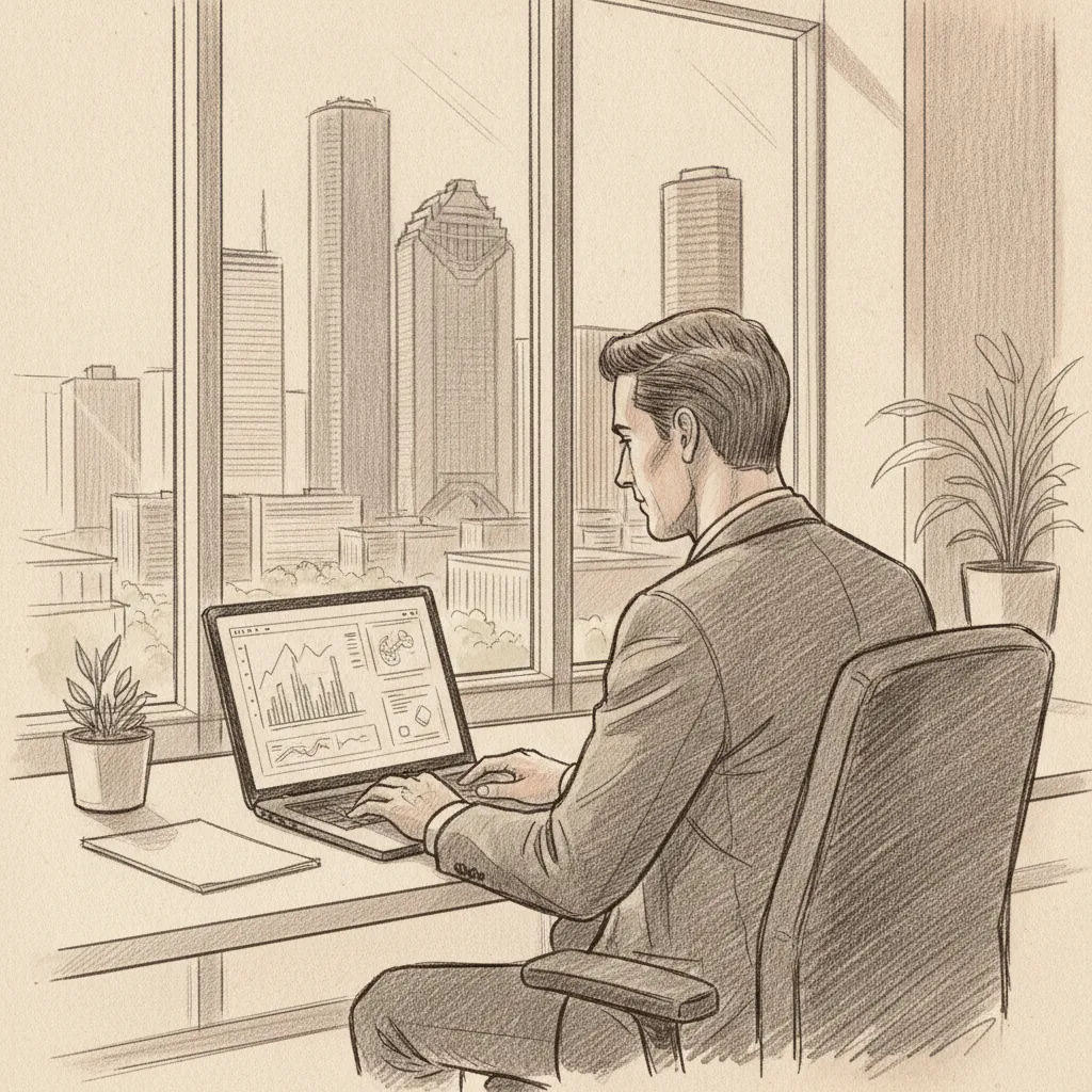 corporate real estate leader analyzing office space in houston utilization data on laptop