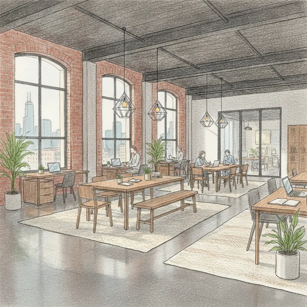 interior of modern office space in chicago with open plan layout and natural light