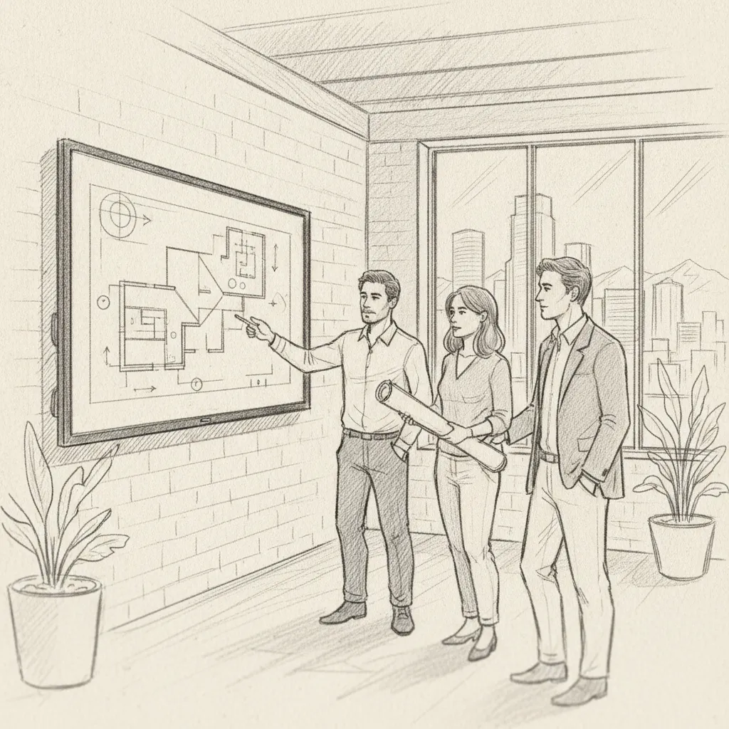 Team reviewing office space in Denver floor plans in a modern coworking environment