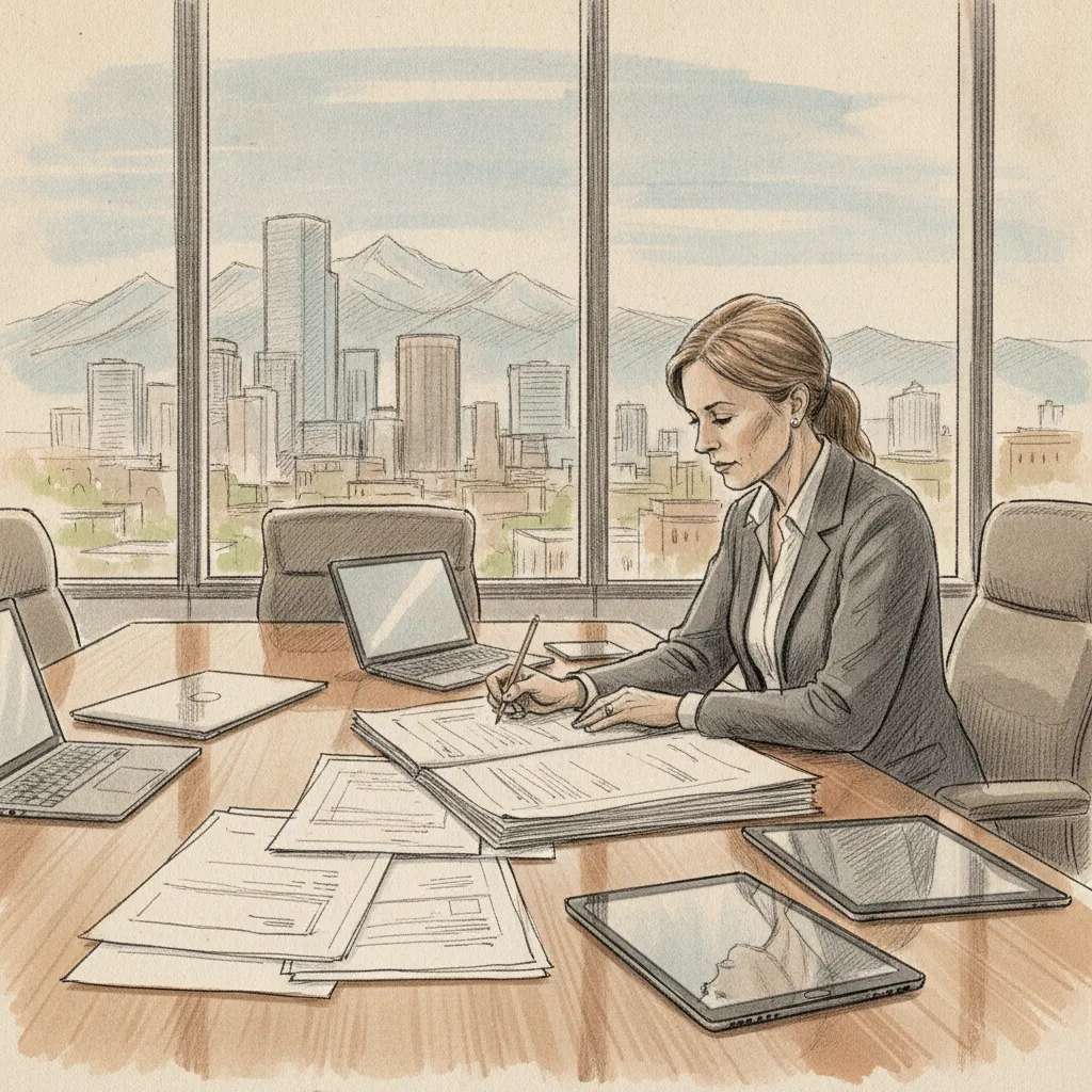 Corporate real estate leader reviewing office space in Denver lease terms at a conference table