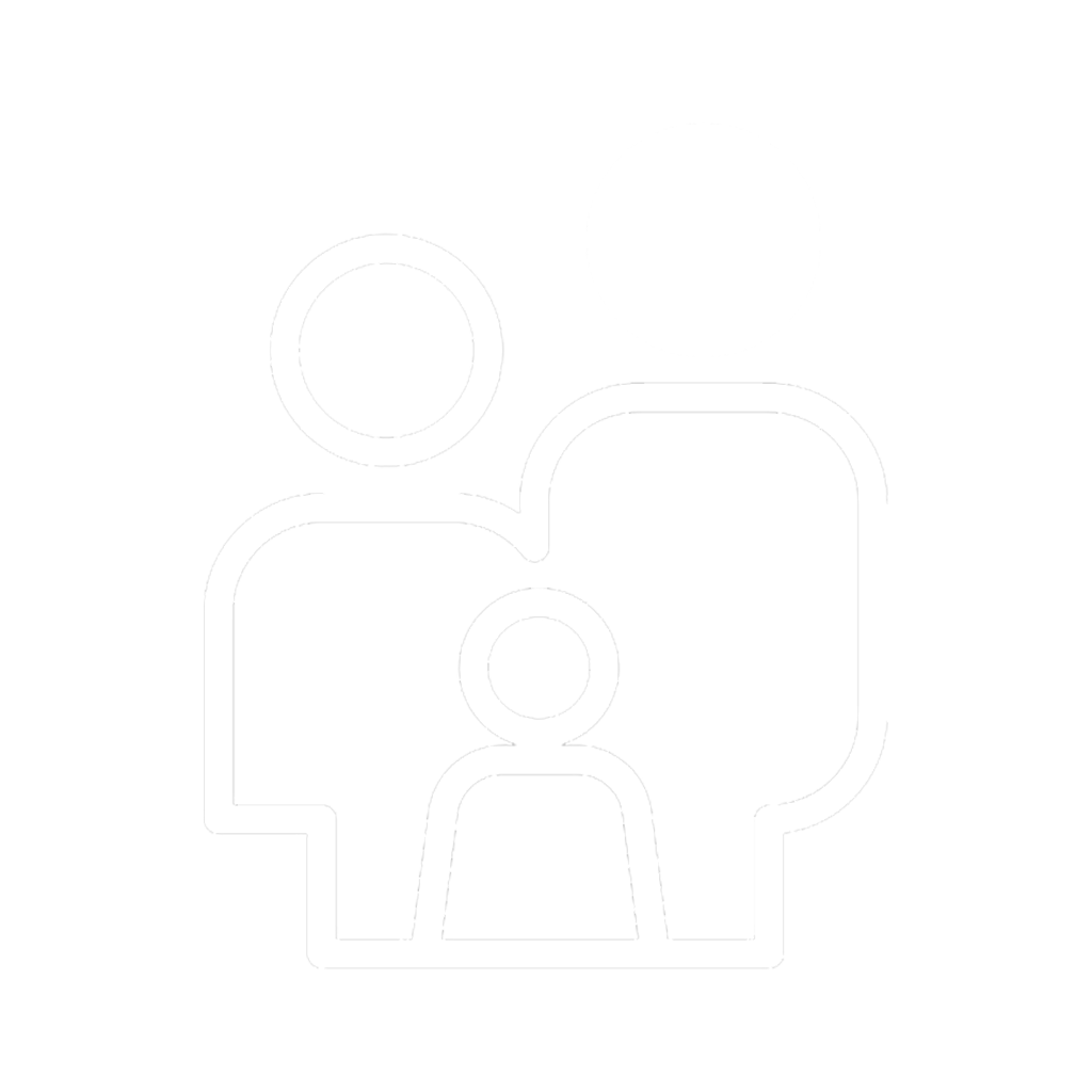 Simple white icon of a family with two adults and one child.