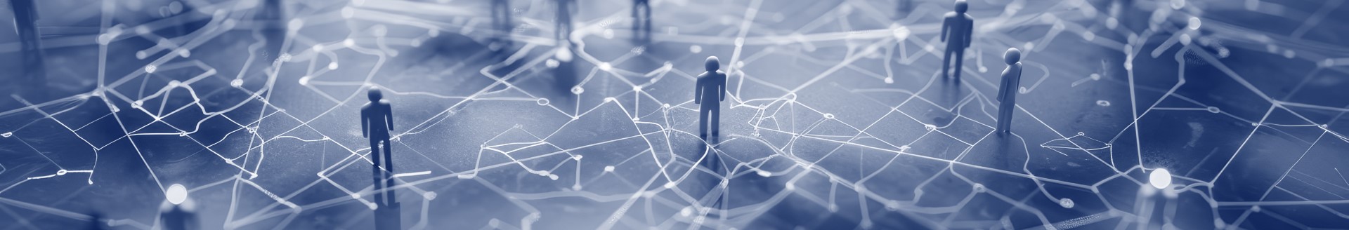 Abstract network visualization with human figures connected by interconnected lines