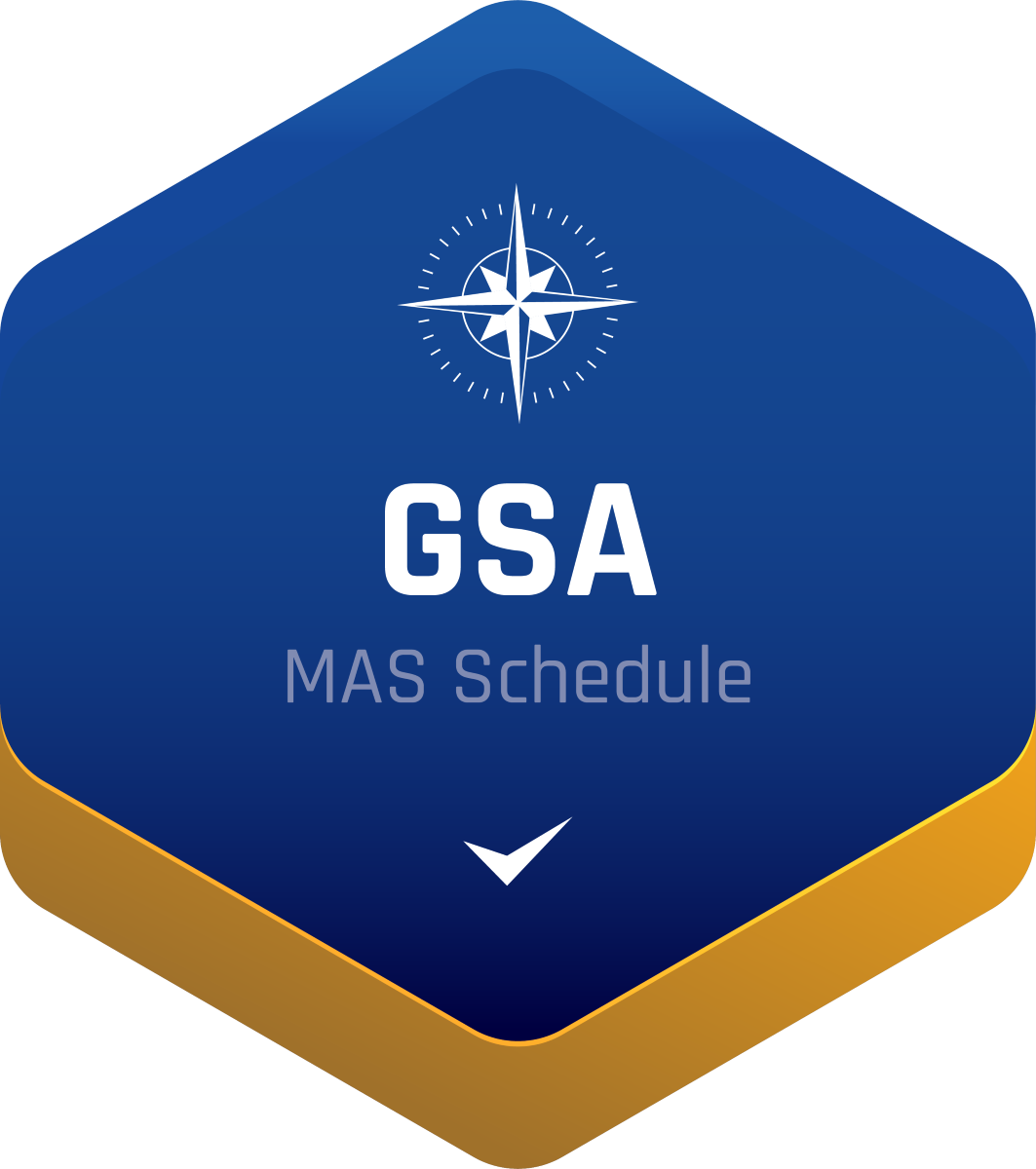 GSA MAS Schedule logo with compass rose on blue and gold hexagon