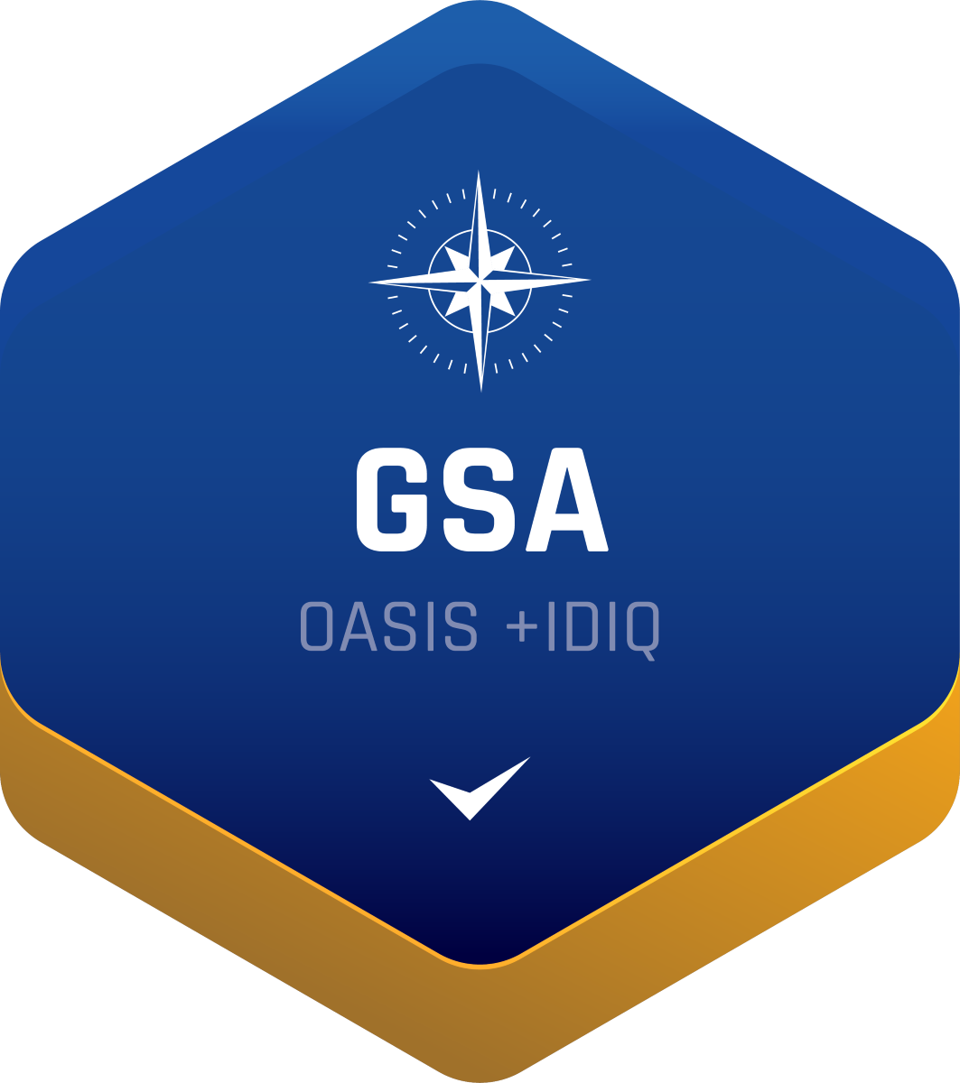 GSA Oasis + IDIQ logo with compass rose on blue and gold hexagon