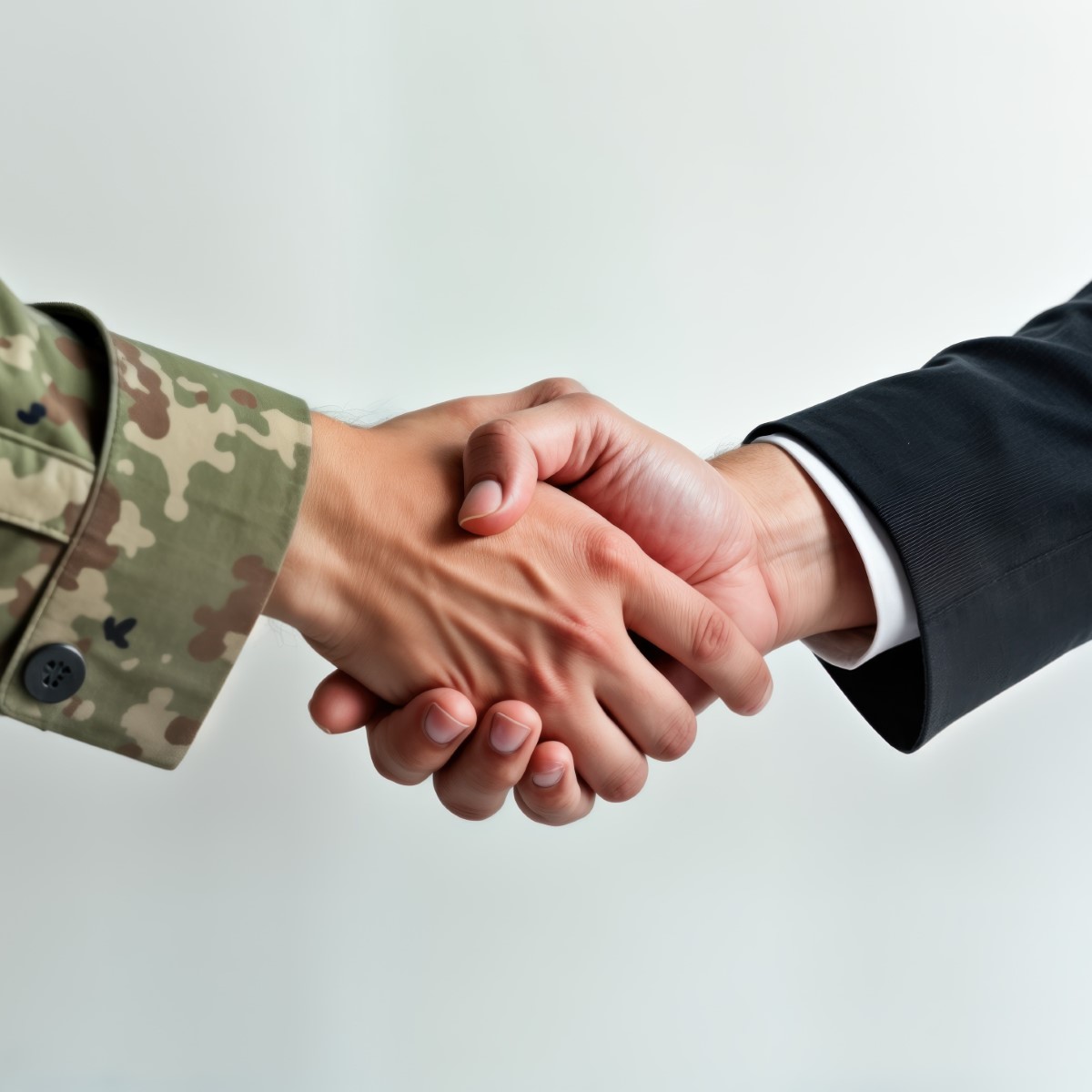 Military and civilian hands shaking in a gesture of cooperation