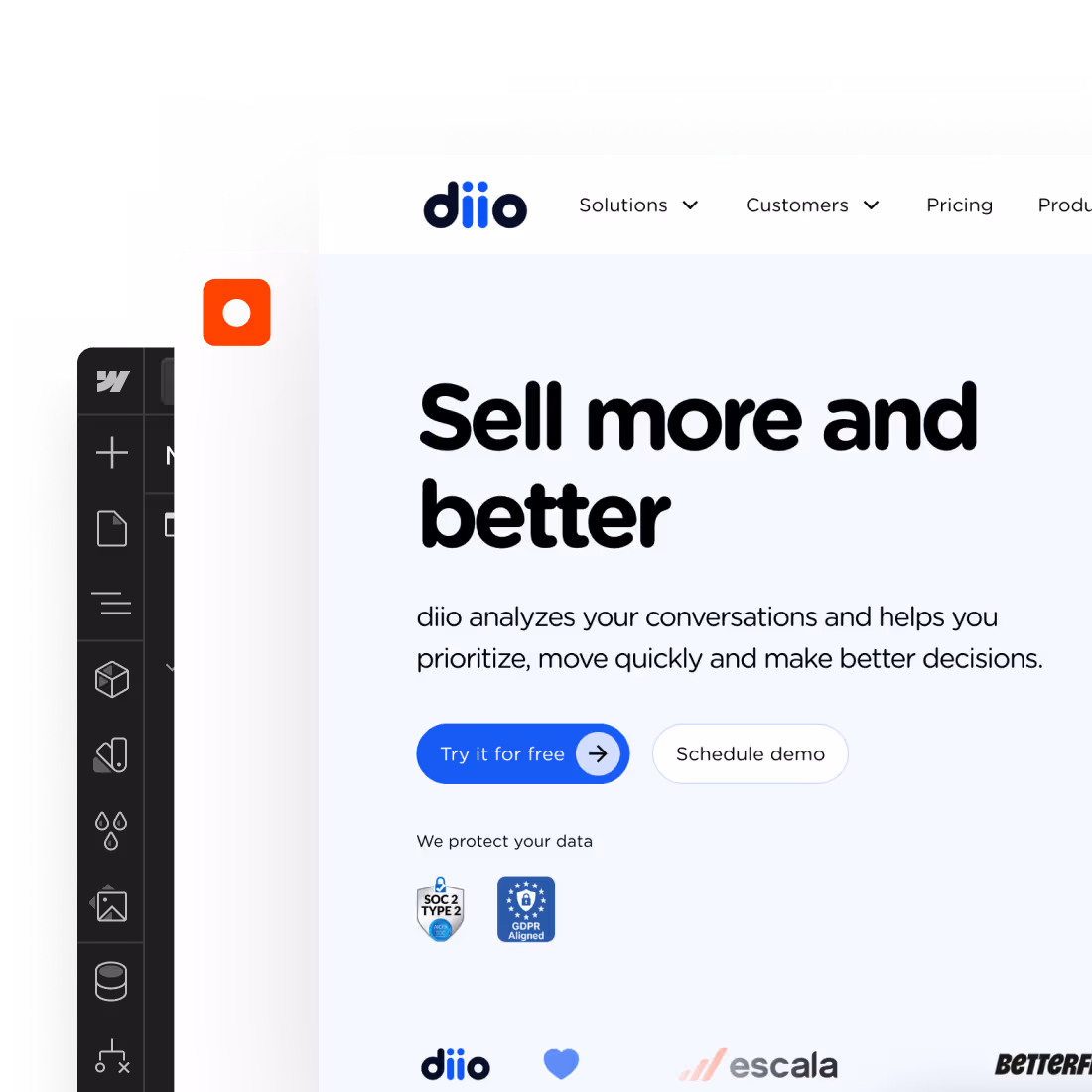 A composition of 3 layers, one on top of each other, showing the Webflow UI, the Fragua logo, and a finished SaaS website. It represents Fragua as the connection between Webflow and the SaaS website.