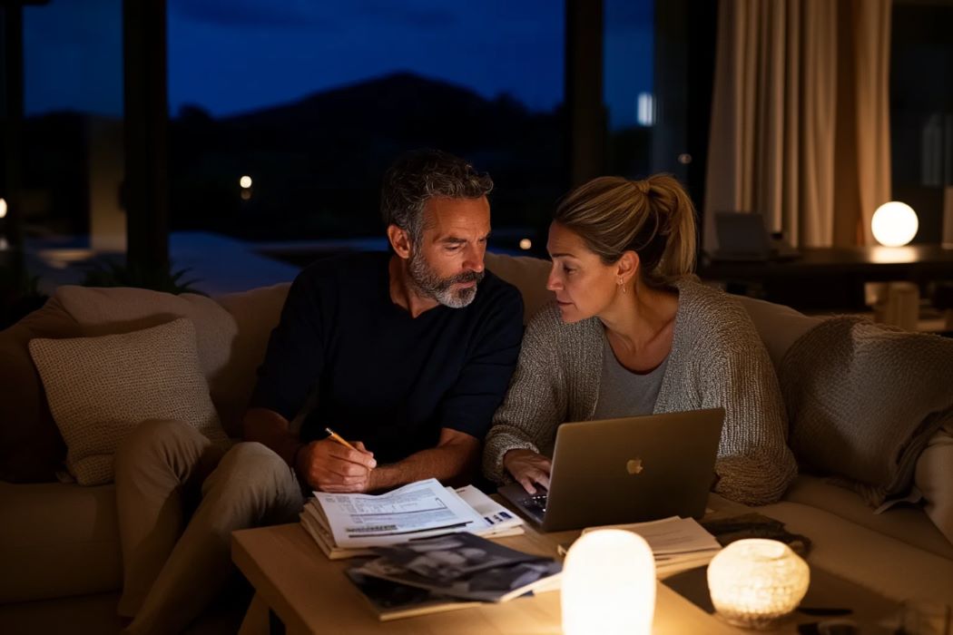 This image depicts a worried couple reviewing their finances, symbolizing the stress homeowners face. Discover how solutions like a residential sale-leaseback can help you overcome financial difficulties and find peace of mind.