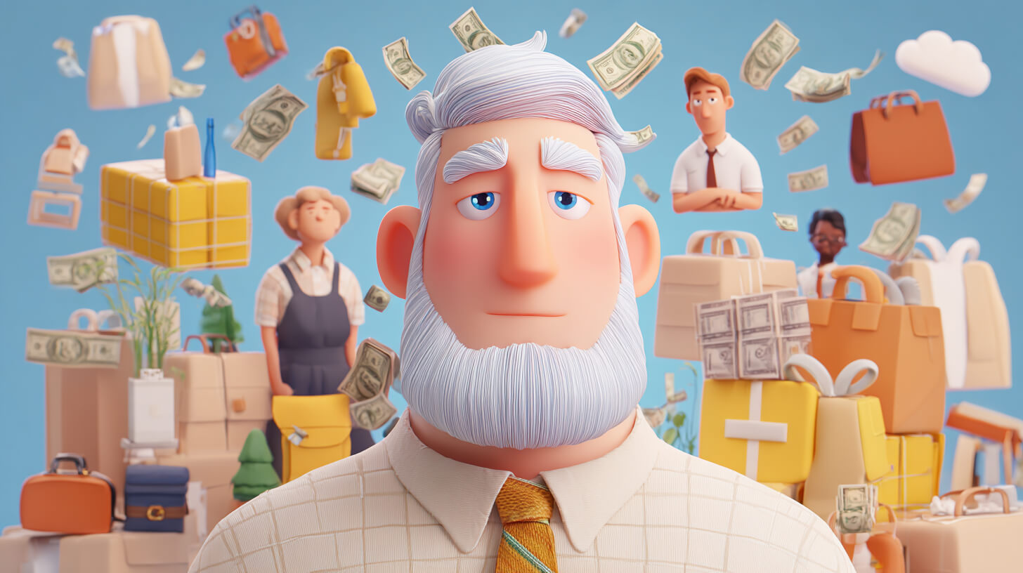 A 3D animated graphic of a man with a white beard, looking concerned and surrounded by floating money, bags, and boxes, symbolizing financial complexity.