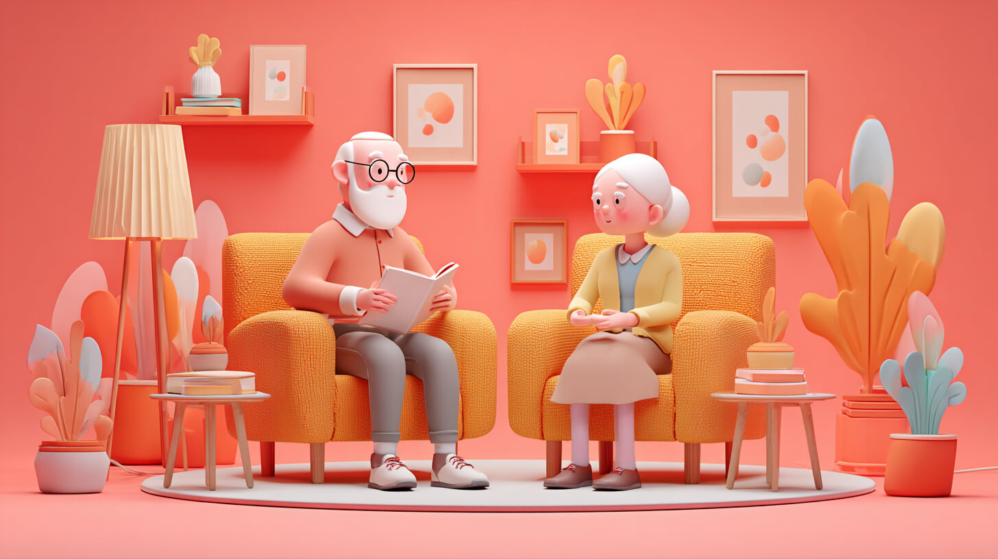 A 3D animated graphic of a happy, elderly couple sitting in armchairs in a living room, symbolizing a comfortable and peaceful retirement.