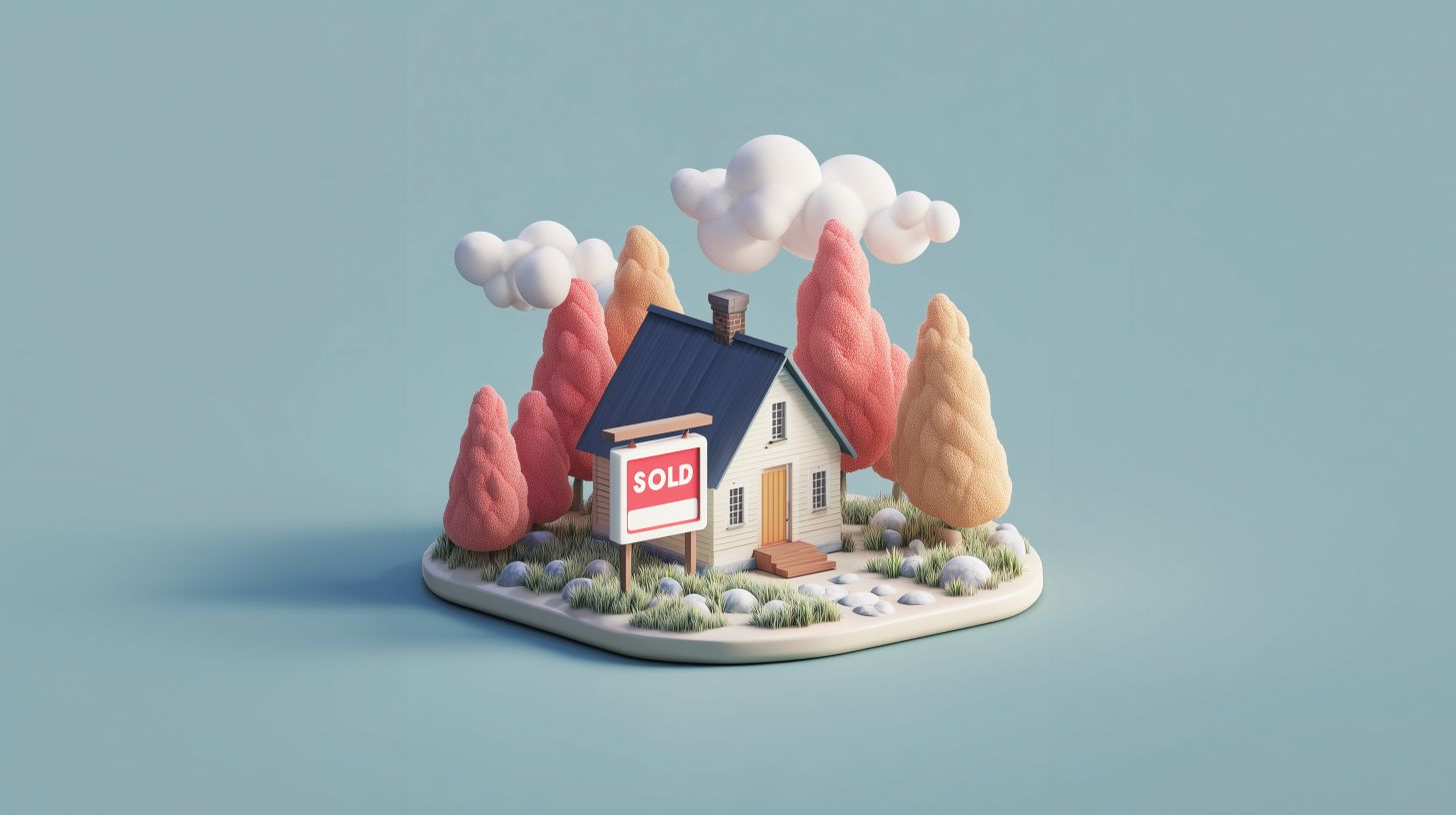 A whimsical 3D animated graphic of a small house on a patch of land with a 'SOLD' sign in front, symbolizing a successful home sale.
