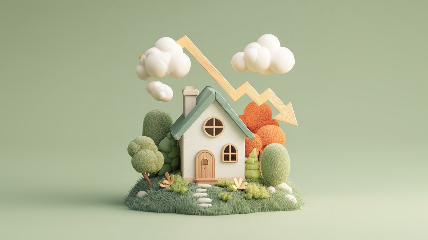 A whimsical 3D animated graphic of a small house with a large downward arrow pointing at it, symbolizing a real estate market downturn.