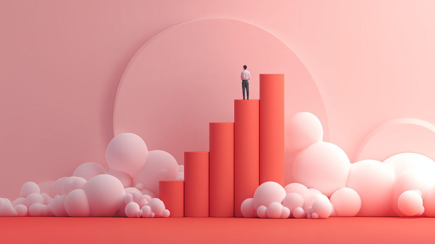 A 3D animated graphic of a person standing on a rising bar chart, symbolizing financial growth and success.