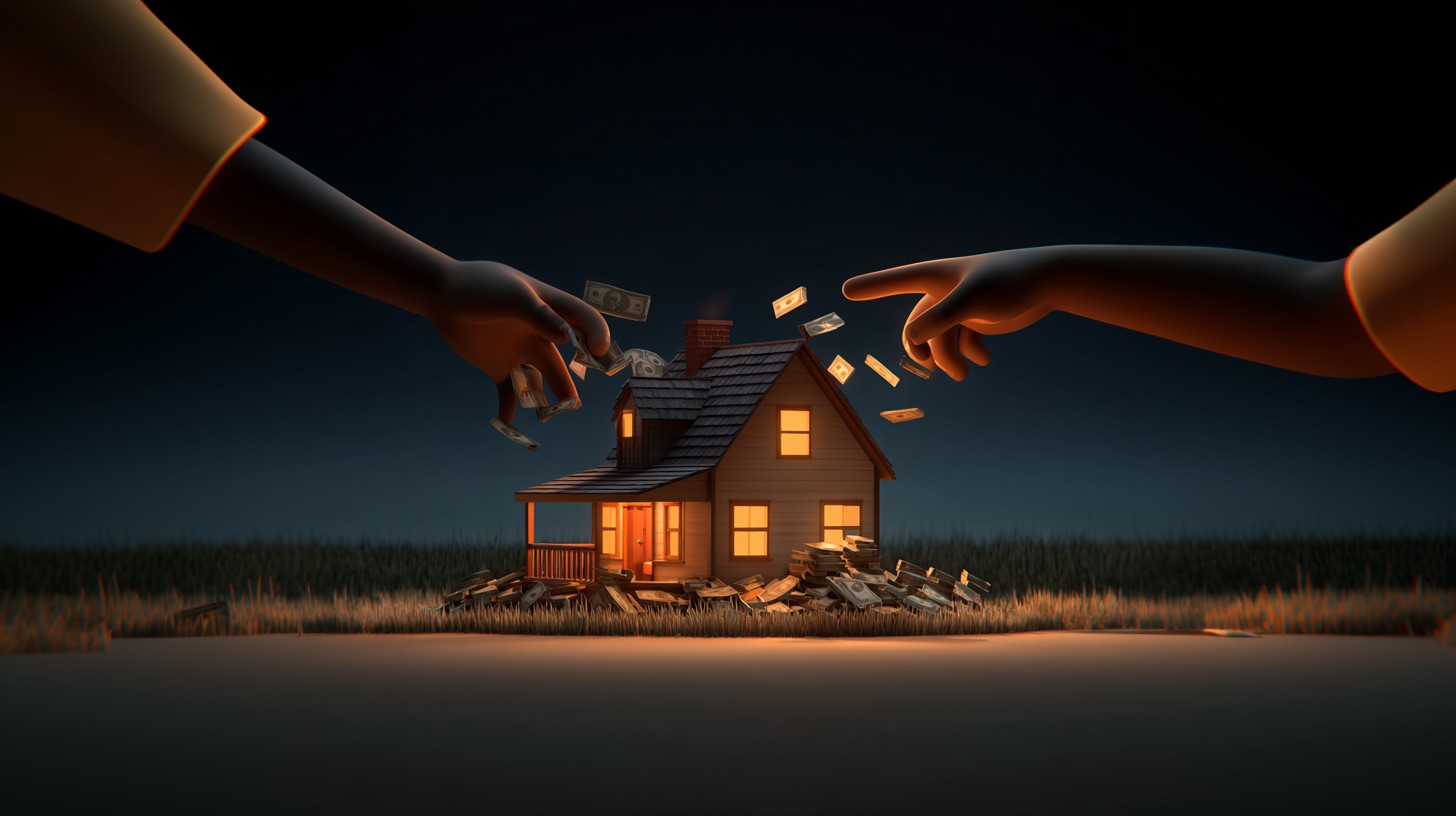 A dramatic 3D animated graphic of a small house at night, with two hands reaching for it and money flying around, symbolizing a financial crisis.