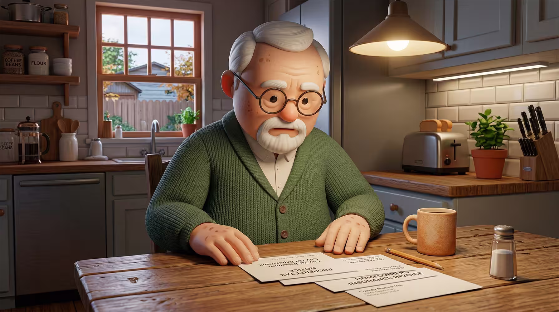 Senior homeowner reviewing expensive property tax and insurance bills in his kitchen. This visual represents the financial challenges that a sale-leaseback solution can help resolve for seniors wanting to stay in their homes.