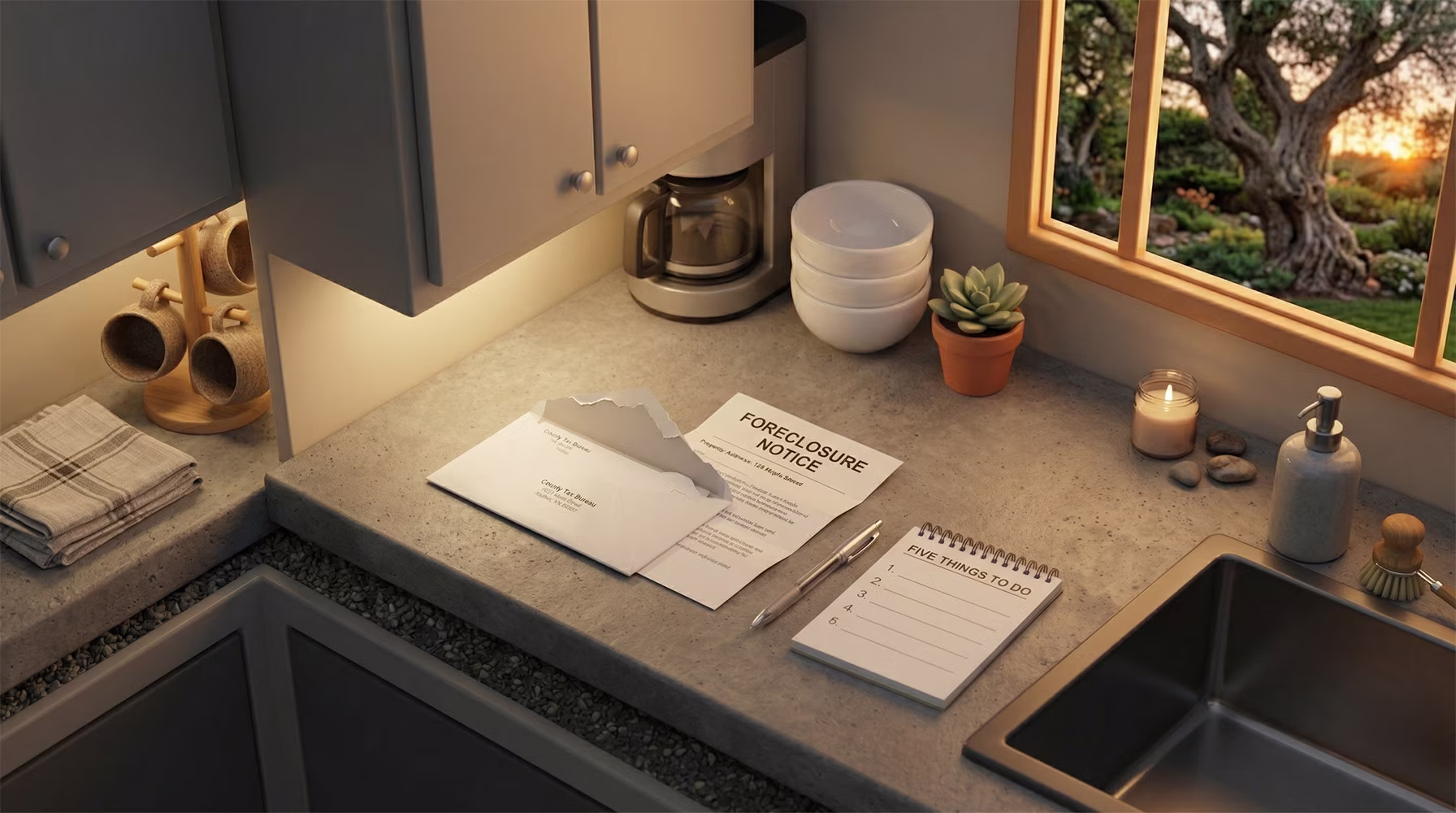 Foreclosure notice letter on a kitchen counter next to a checklist. This image represents the first steps of managing a housing crisis and exploring options like a sale-leaseback to avoid eviction