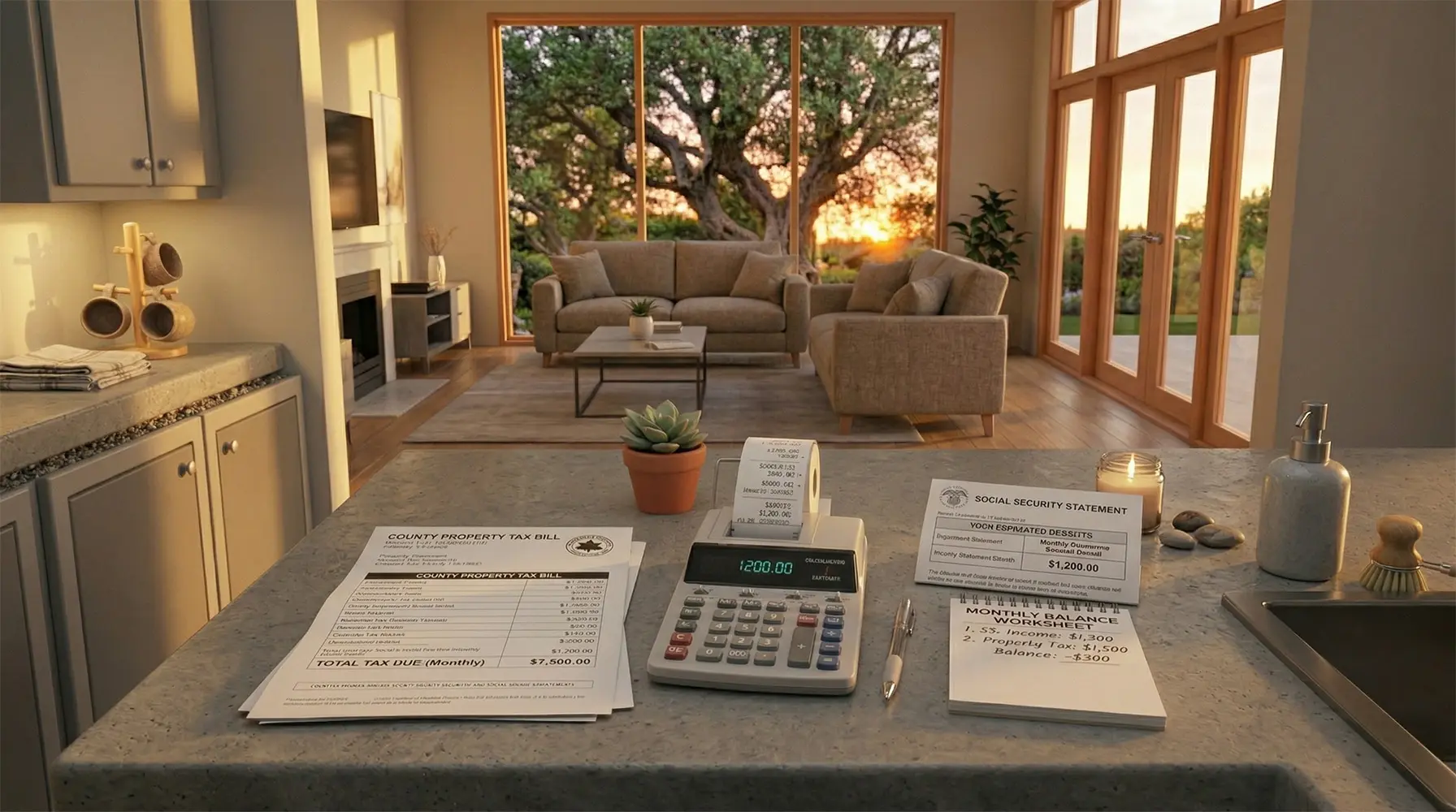 Financial planning for retirees: a calculator and monthly balance worksheet showing a deficit next to property tax bills. This visual illustrates the 'house rich, cash poor' dilemma many seniors face while trying to maintain their lifestyle