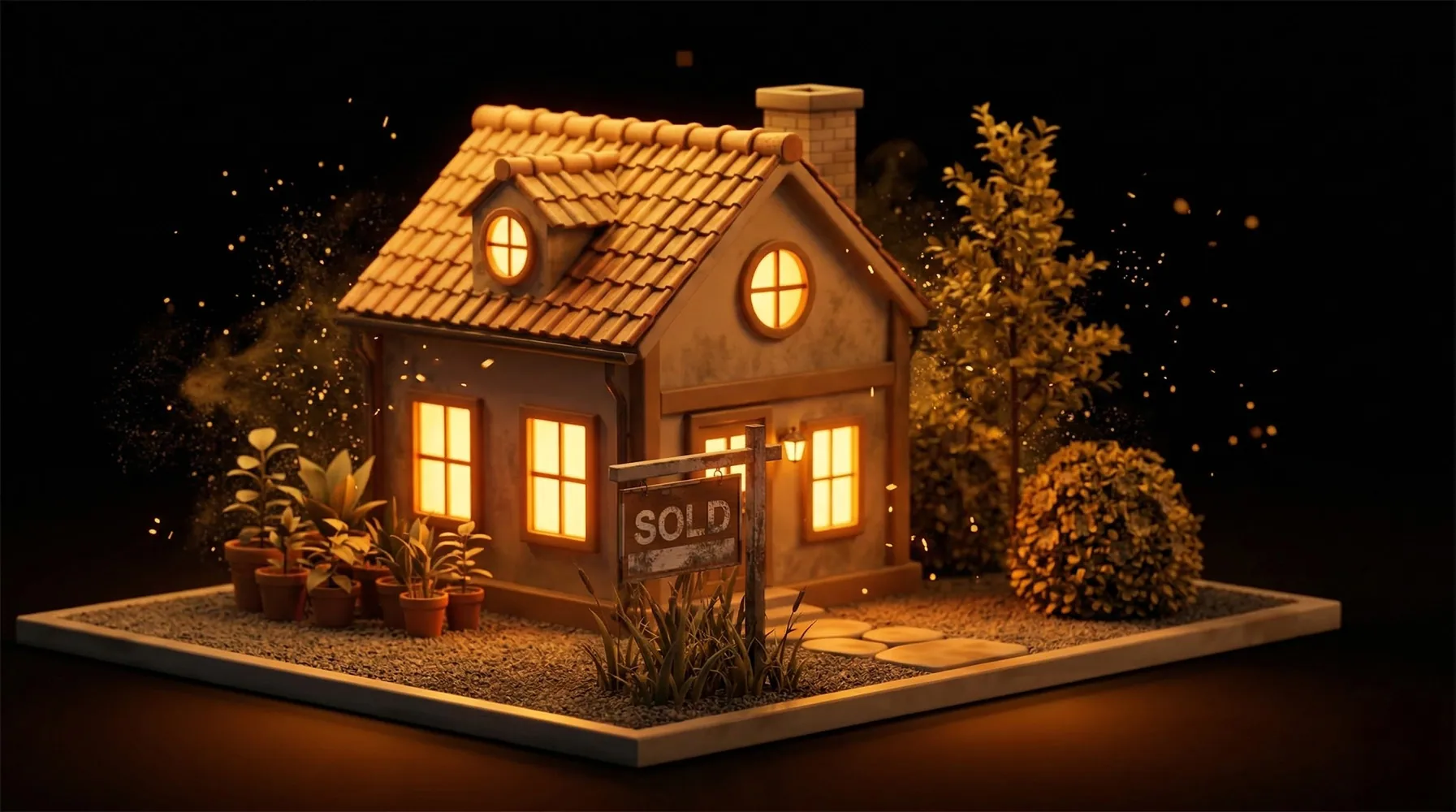 Miniature house with a 'SOLD' sign and warm interior lighting. This visual represents the concept of selling your home to unlock equity while maintaining the comfort and security of the property through a leaseback agreement