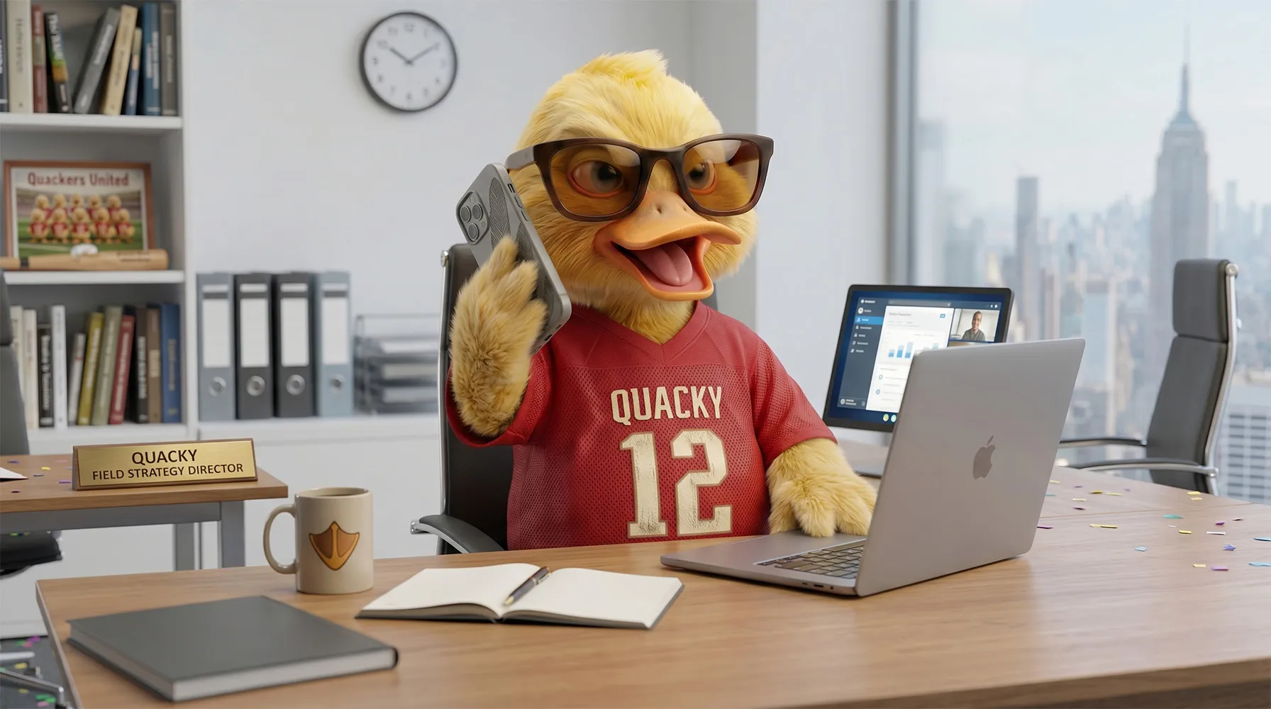 Quacky the duck mascot working at his office desk with a city skyline in the background. Wearing a red sports jersey and sunglasses, he is taking a phone call and using a laptop, representing a fun, approachable, and strategic corporate culture.
