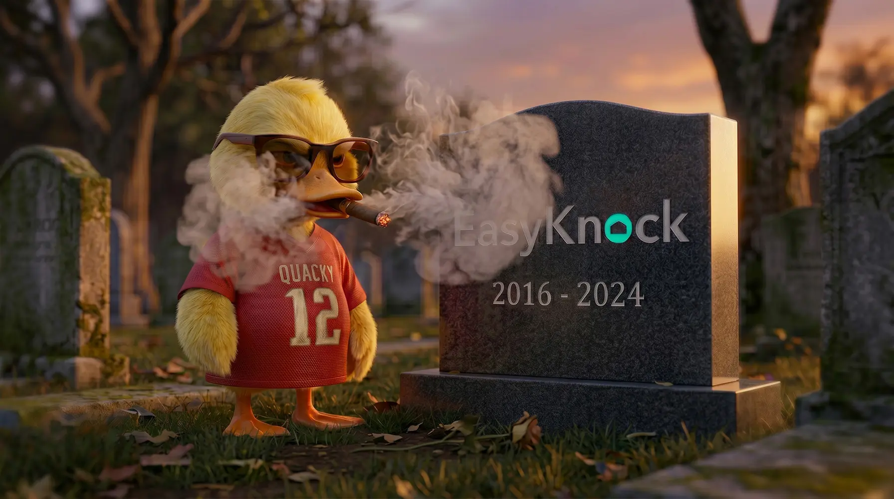 Quacky the duck mascot, a key character in LendEDU's branding, is depicted standing beside a gravestone in a cemetery during the golden hour sunset. The headstone serves as a humorous or satirical marker for 'EasyKnock' (2016-2024). This image metaphorical