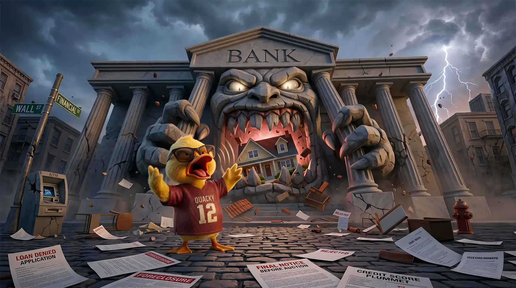 An agitated cartoon duck mascot screaming in front of a monstrous bank building that is devouring a suburban house. Papers marked 'FORECLOSURE' are scattered on the street. A powerful metaphor for the housing crisis and foreclosure threat that leaseback.co