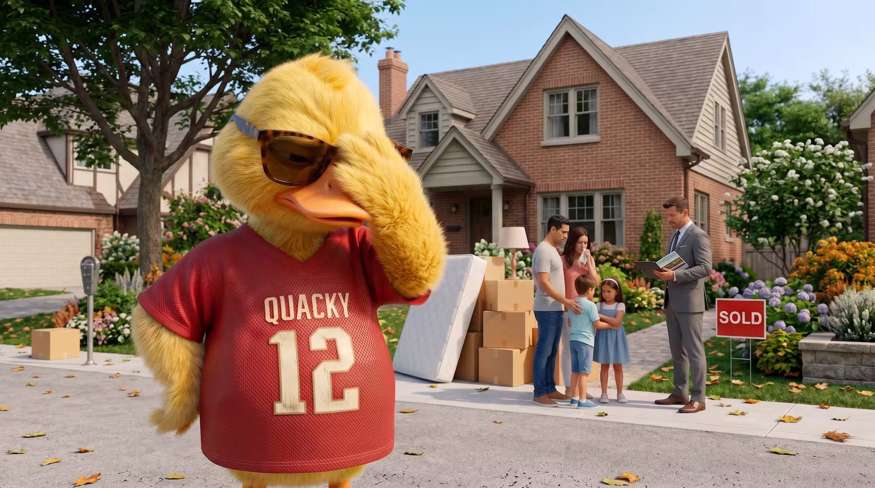 A close-up of a large yellow cartoon duck wearing sunglasses and a maroon "QUACKY 12" grid-mesh sports jersey performs a "can't watch this" facepalm on a street. In the background, in front of a brick suburban house with a prominent "SOLD" sign and moving