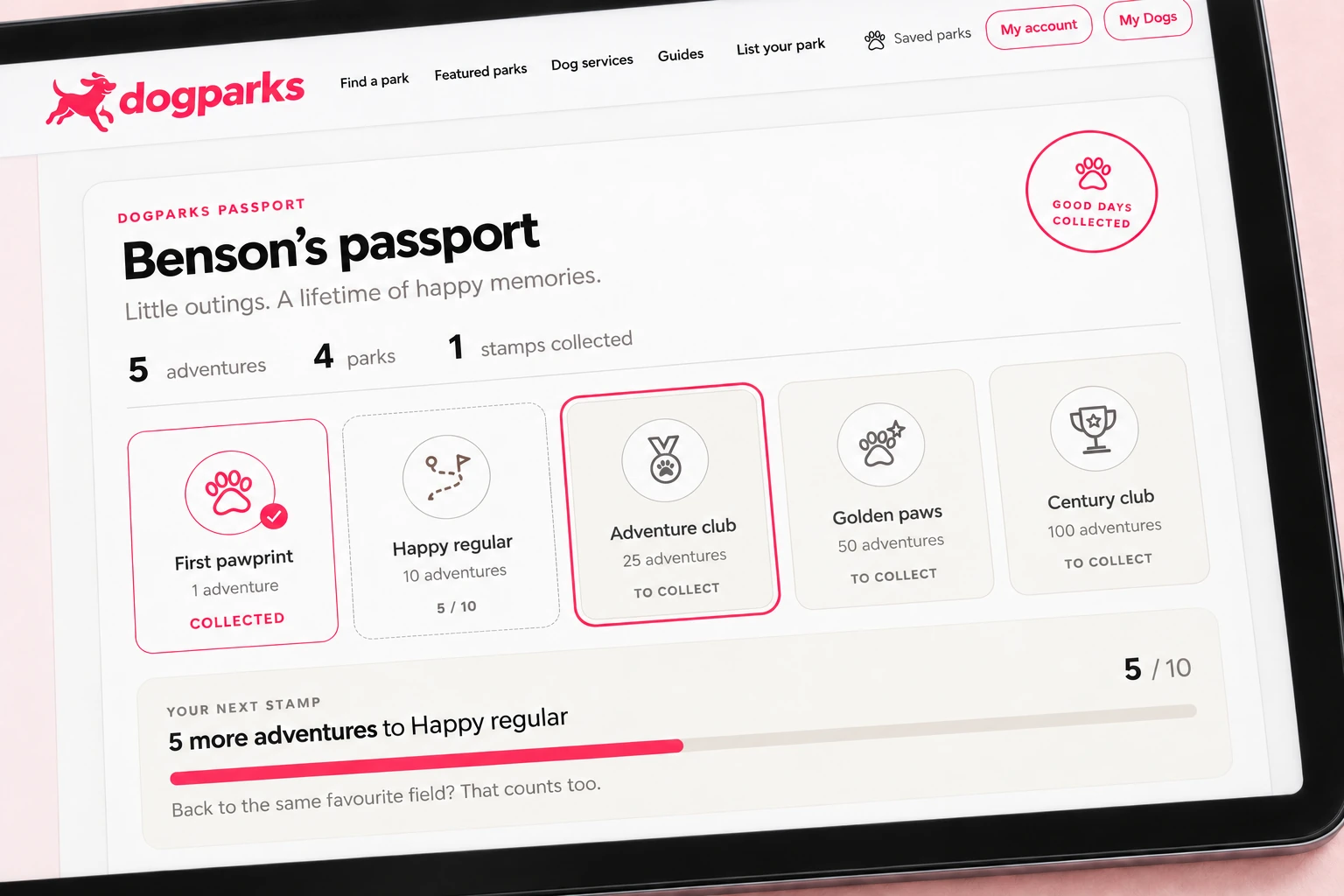 An on-device close-up of Passport progress and achievement badges.