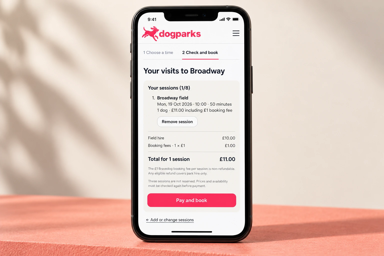 Mobile booking, step two: review the session and full price breakdown before payment.