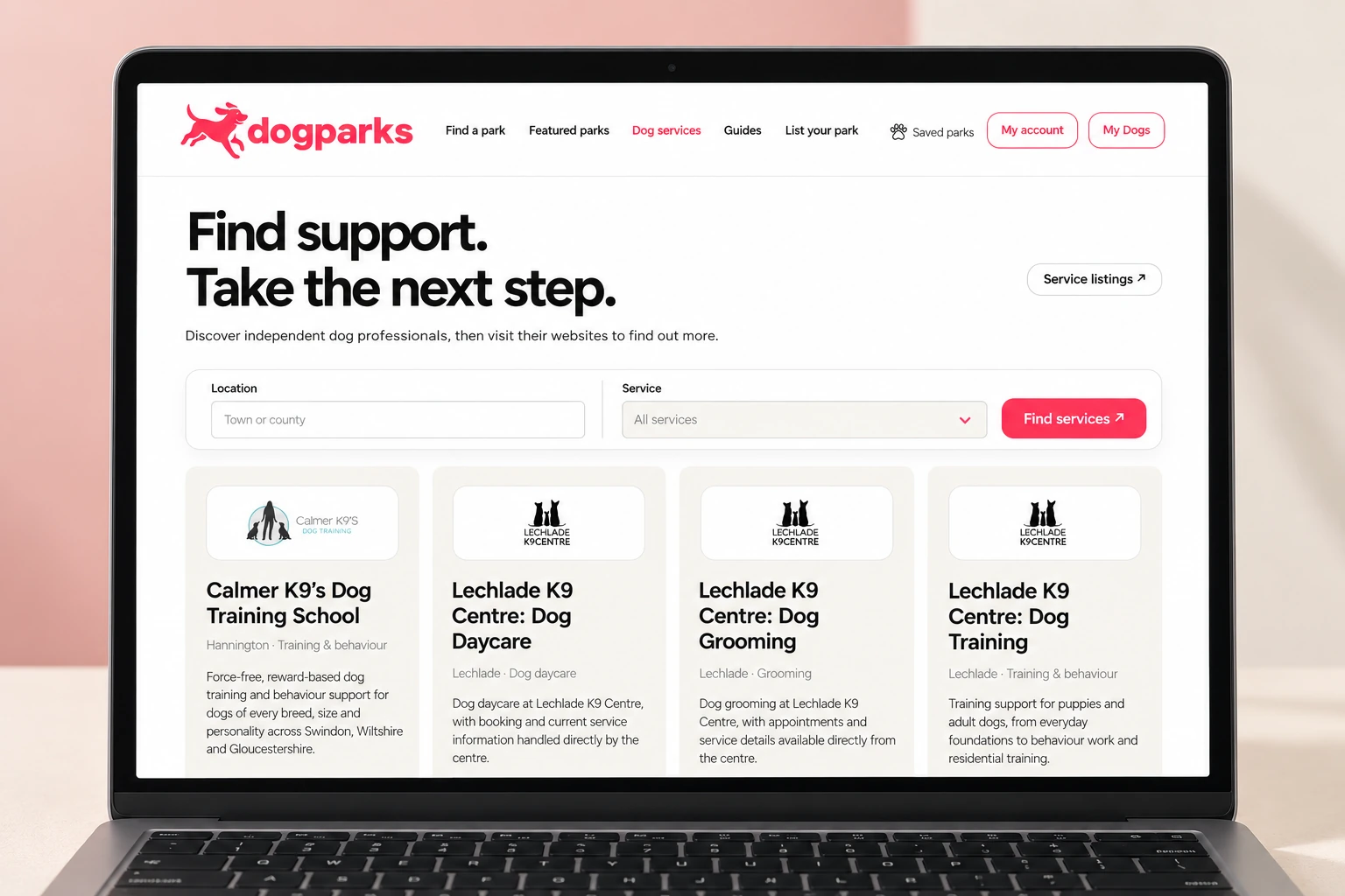 A dynamic Dog Services directory connects owners with relevant businesses.