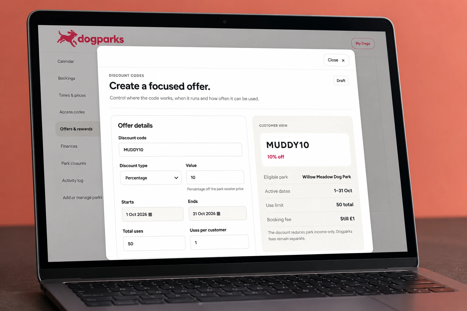 Design preview: configure a discount offer, dates and usage limits alongside the customer view.