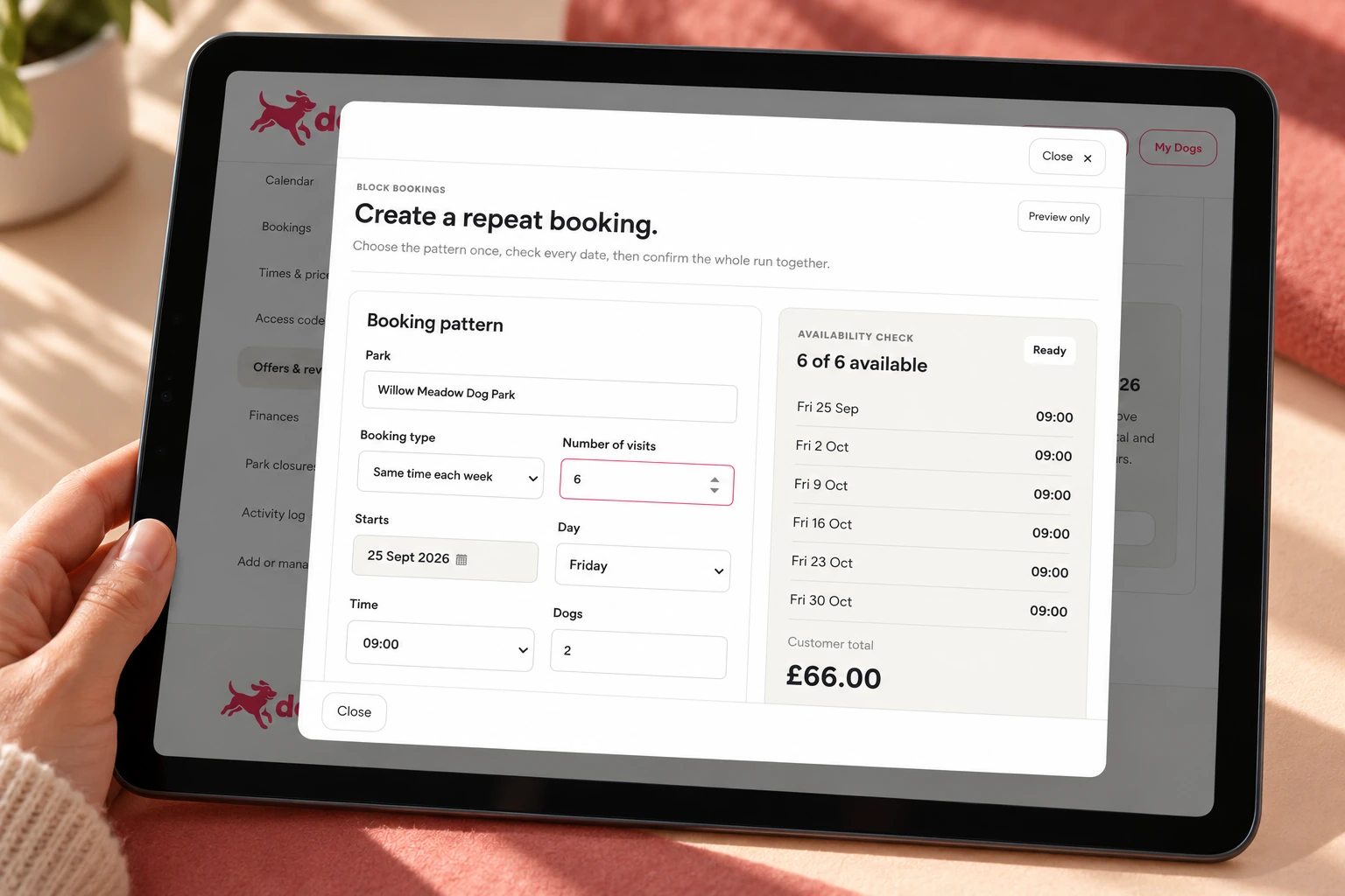 Design preview: configure a repeat booking and check availability across the selected visits.