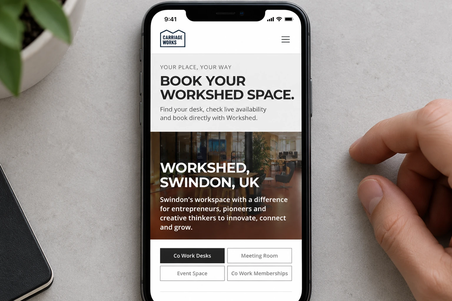 Portrait mobile: embedded Workshed booking carries the journey from discovery to action.
