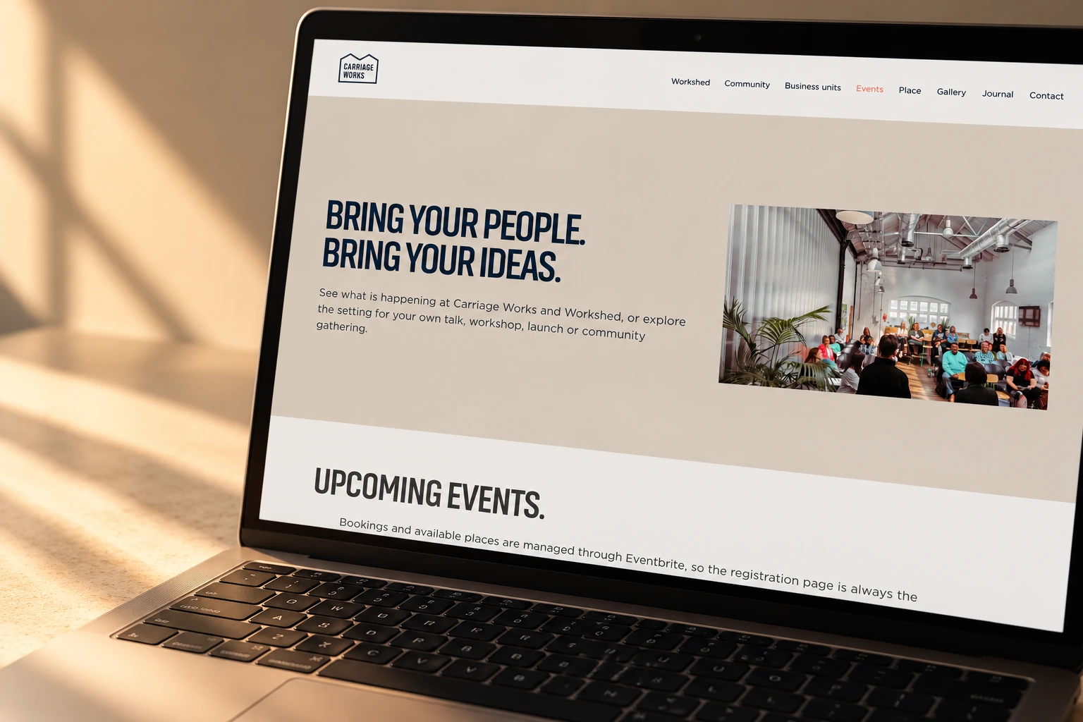 A dedicated events page connects the destination with the activity inside it.
