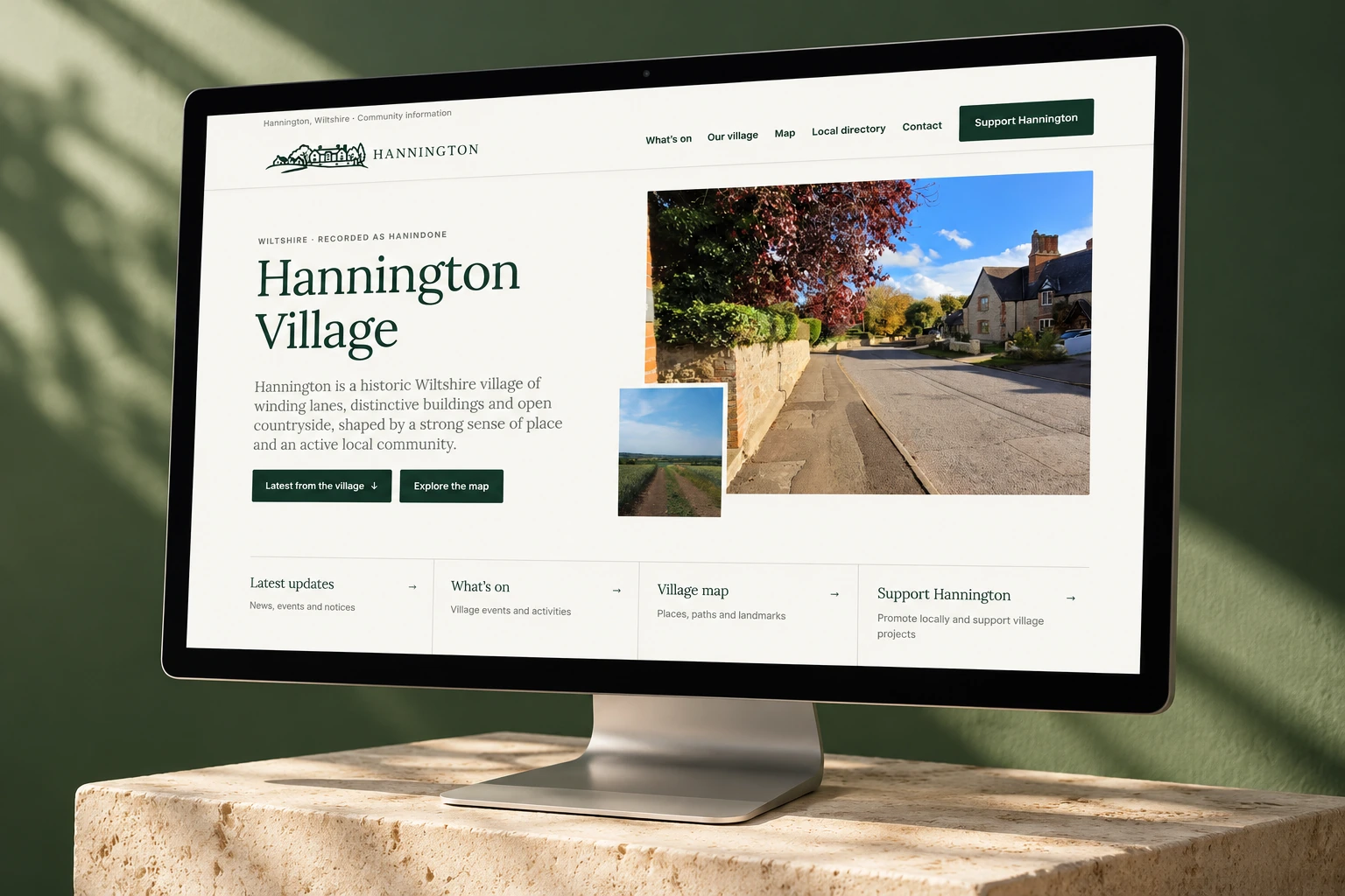 Village photography and editorial typography establish a recognisable sense of place.