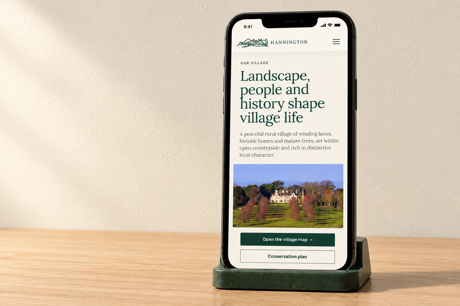 Portrait mobile: the Our Village page brings local character and useful information together.
