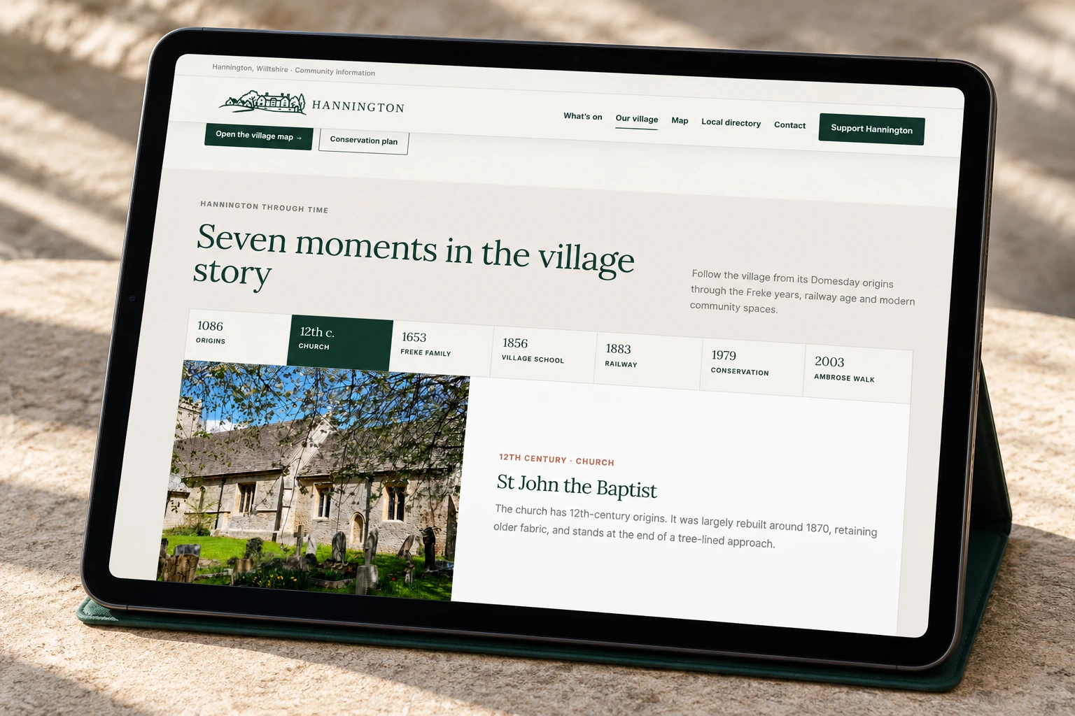 An interactive timeline connects seven moments with changing imagery and explanatory content.